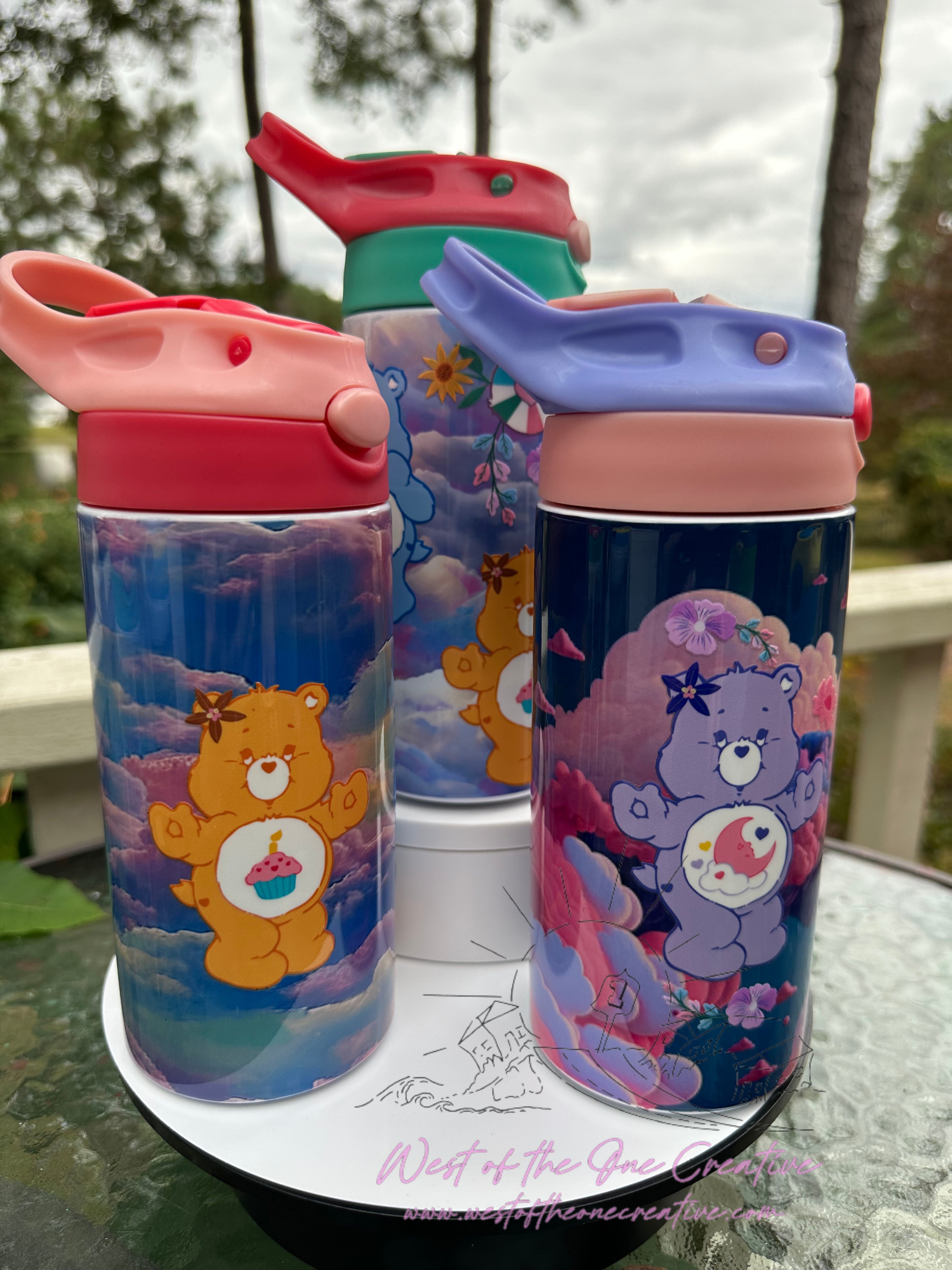 12oz Water bottles for kids - CareBears, Monster Trucks and a cute little tree dude...