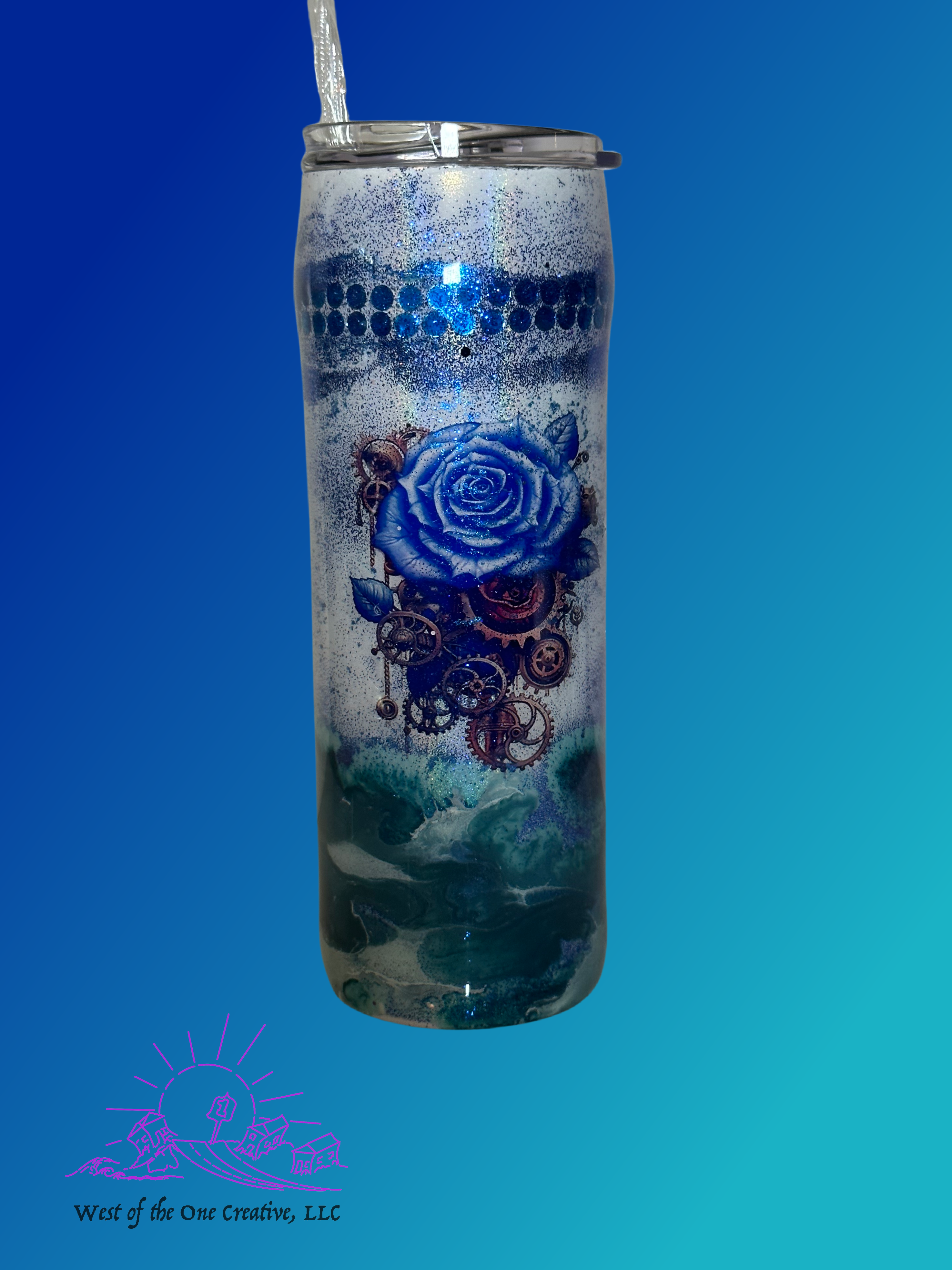 20oz Steampunk Peacock Tumbler in Blue with rhinestones