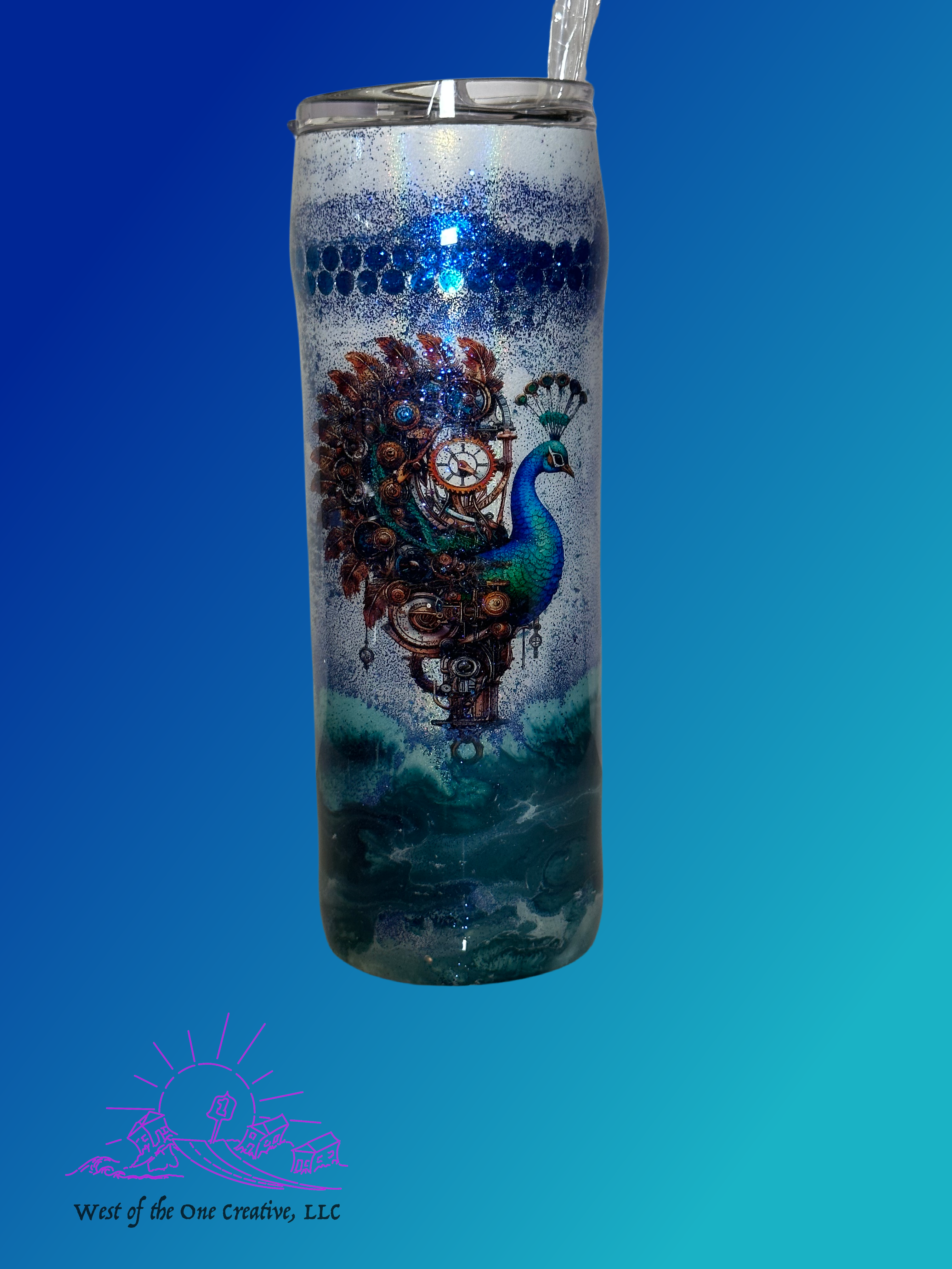 20oz Steampunk Peacock Tumbler in Blue with rhinestones