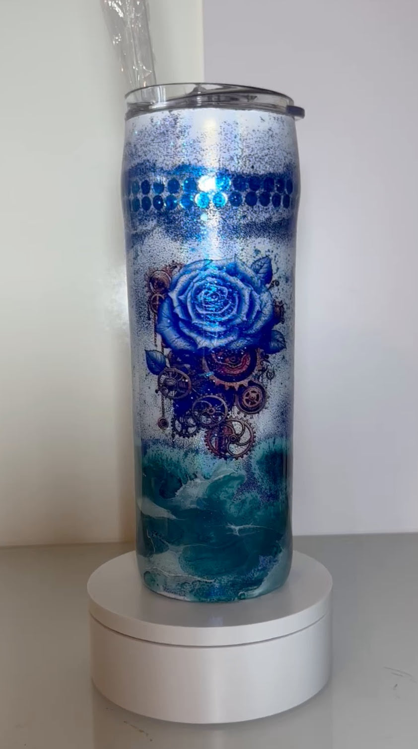 20oz Steampunk Peacock Tumbler in Blue with rhinestones