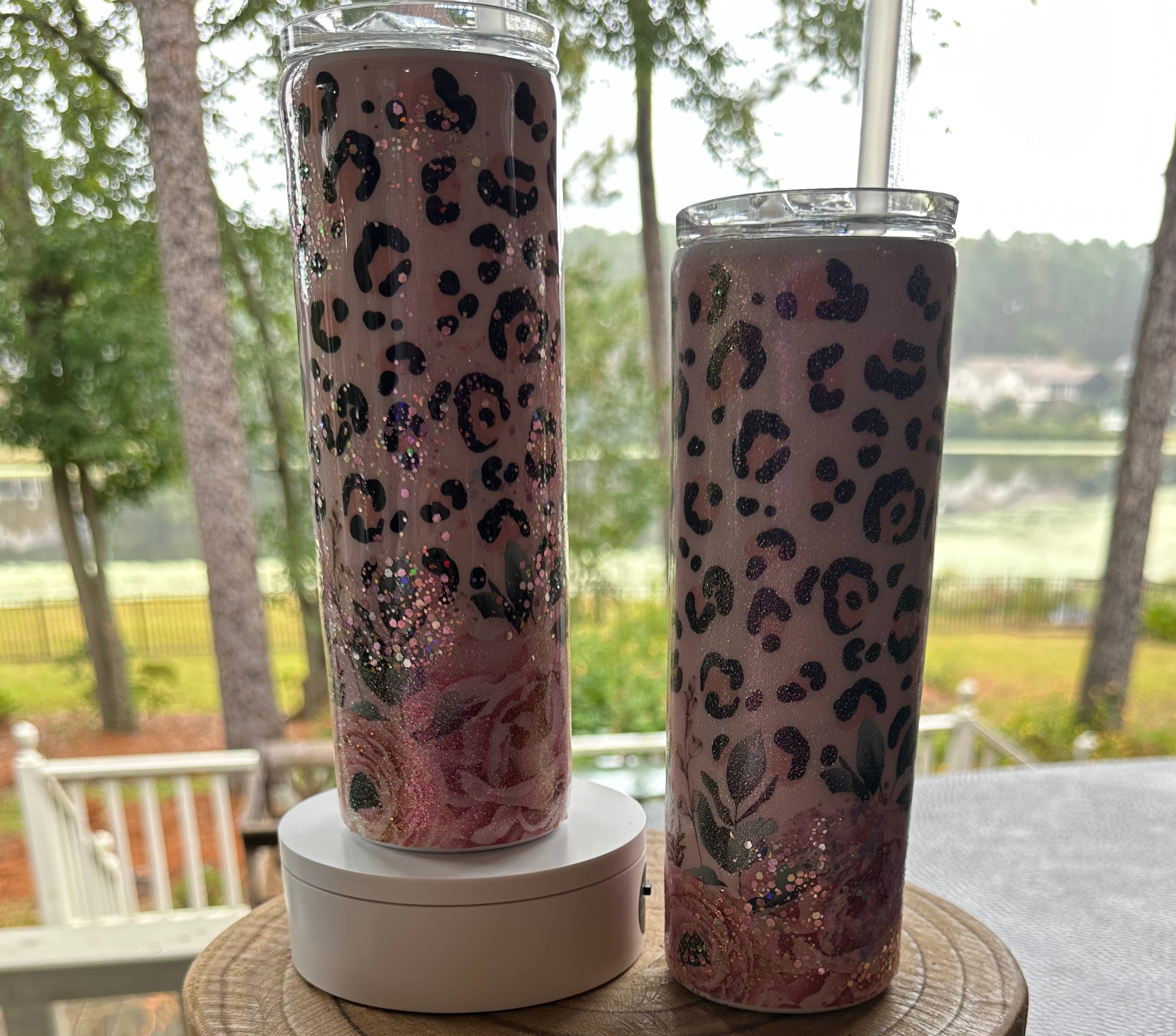 20 oz Skinny Tumbler with flowers and leopard - and of course glitter!