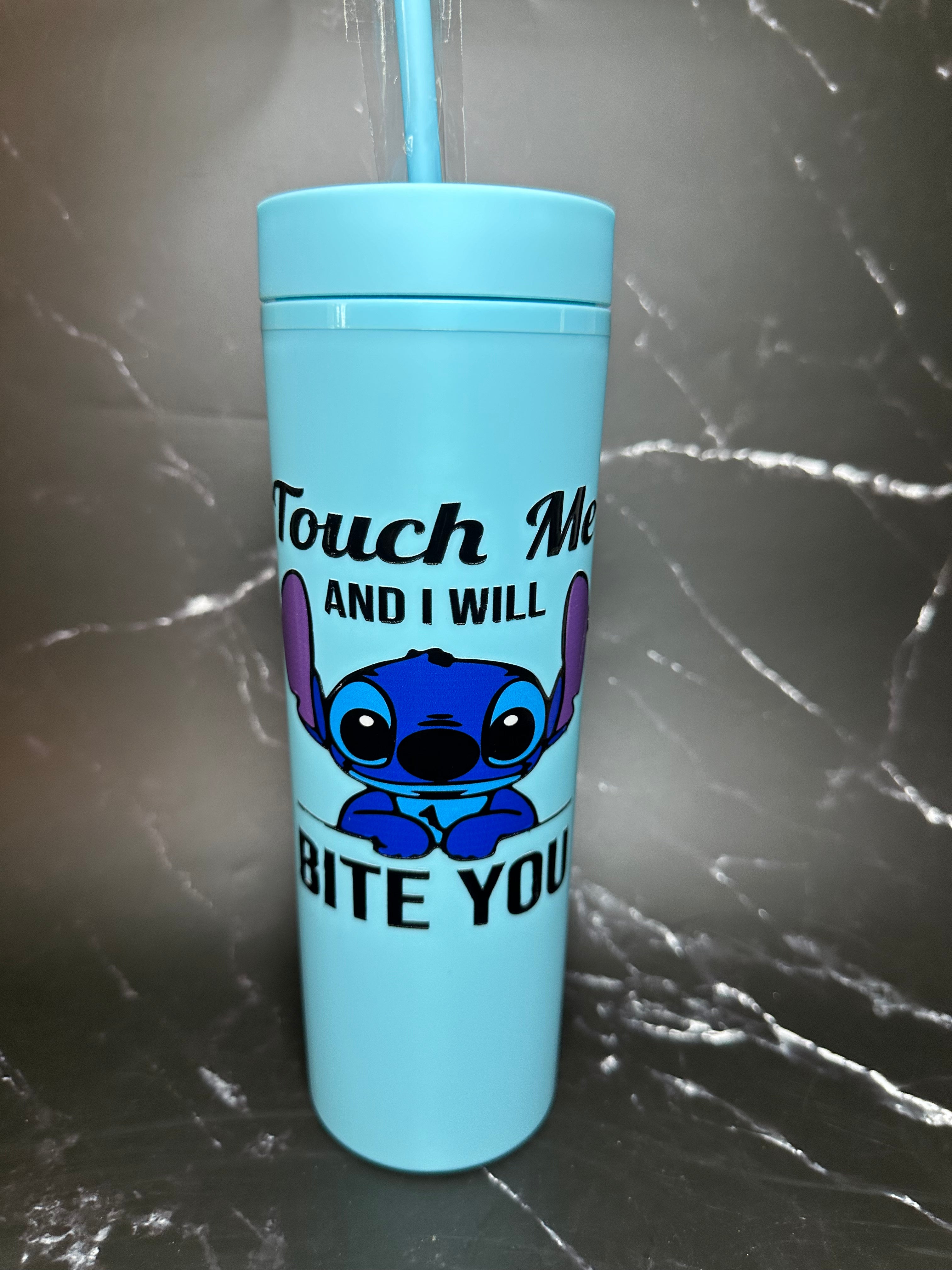 22 oz Stitch Touch Me and I Will Bite You Tumbler blue