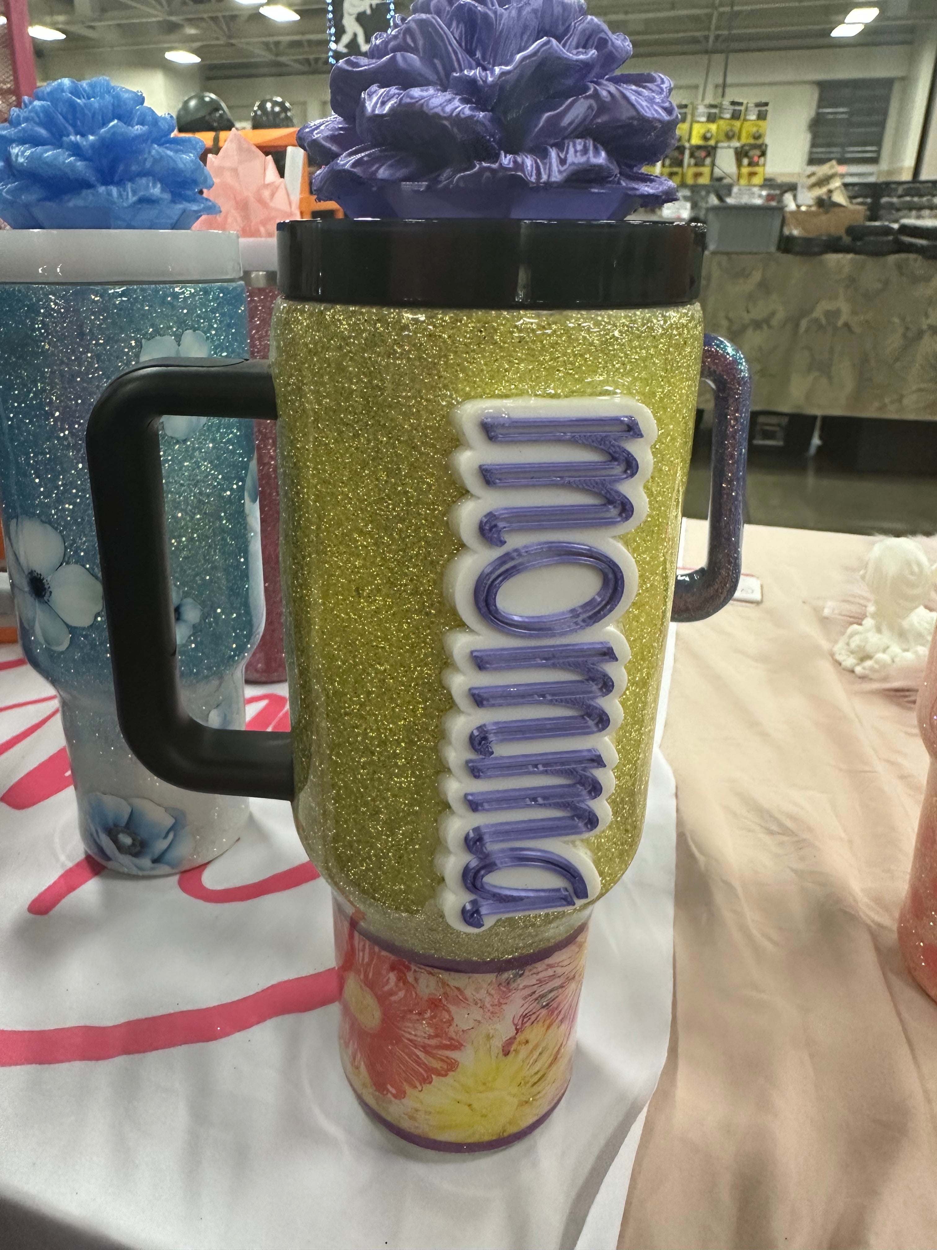 40 oz Custom Lid Word Momma Tumbler Purple and Yellow