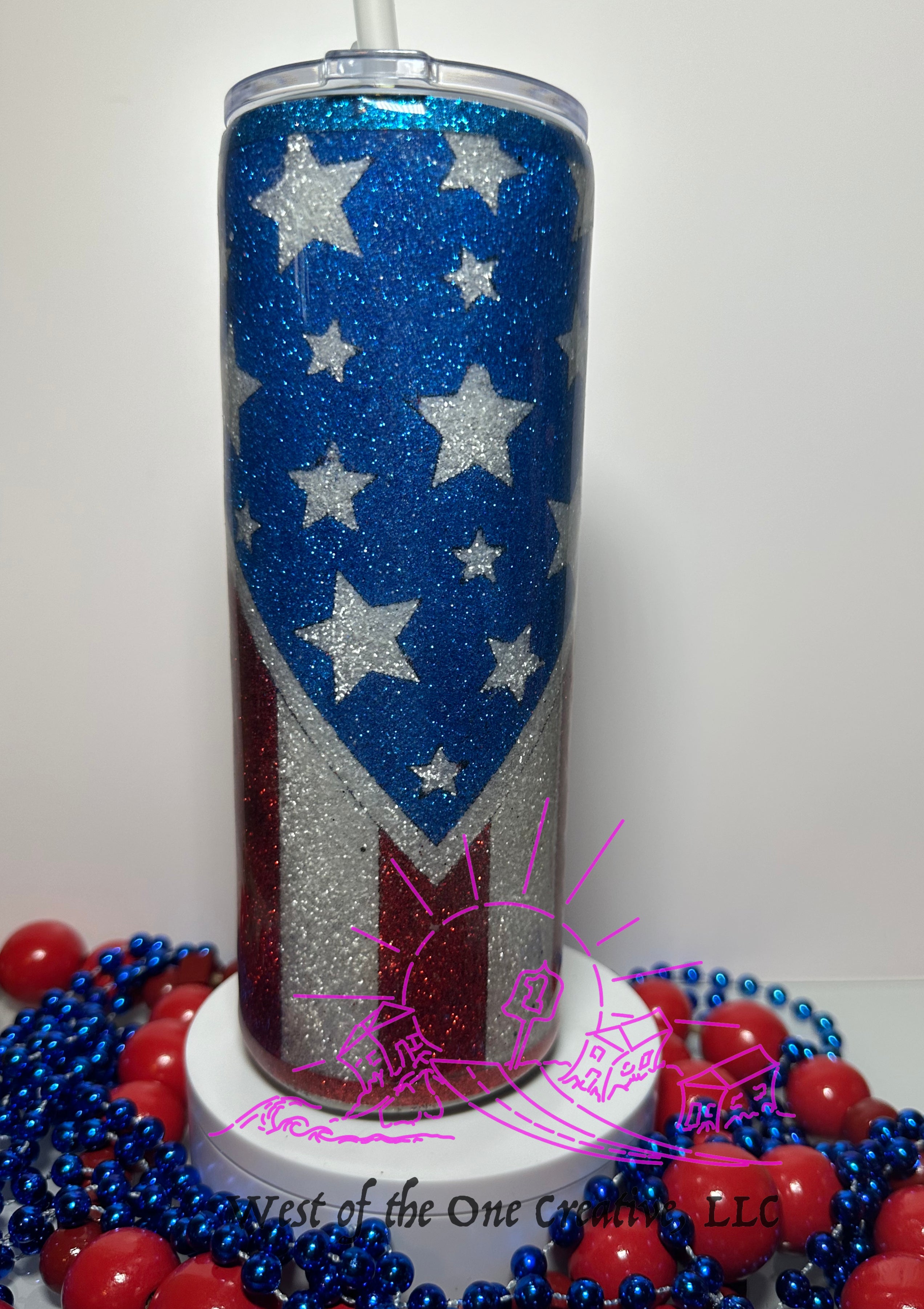 24 oz American Flag Glitter Tumbler with Snow Globe Glitter Bottom