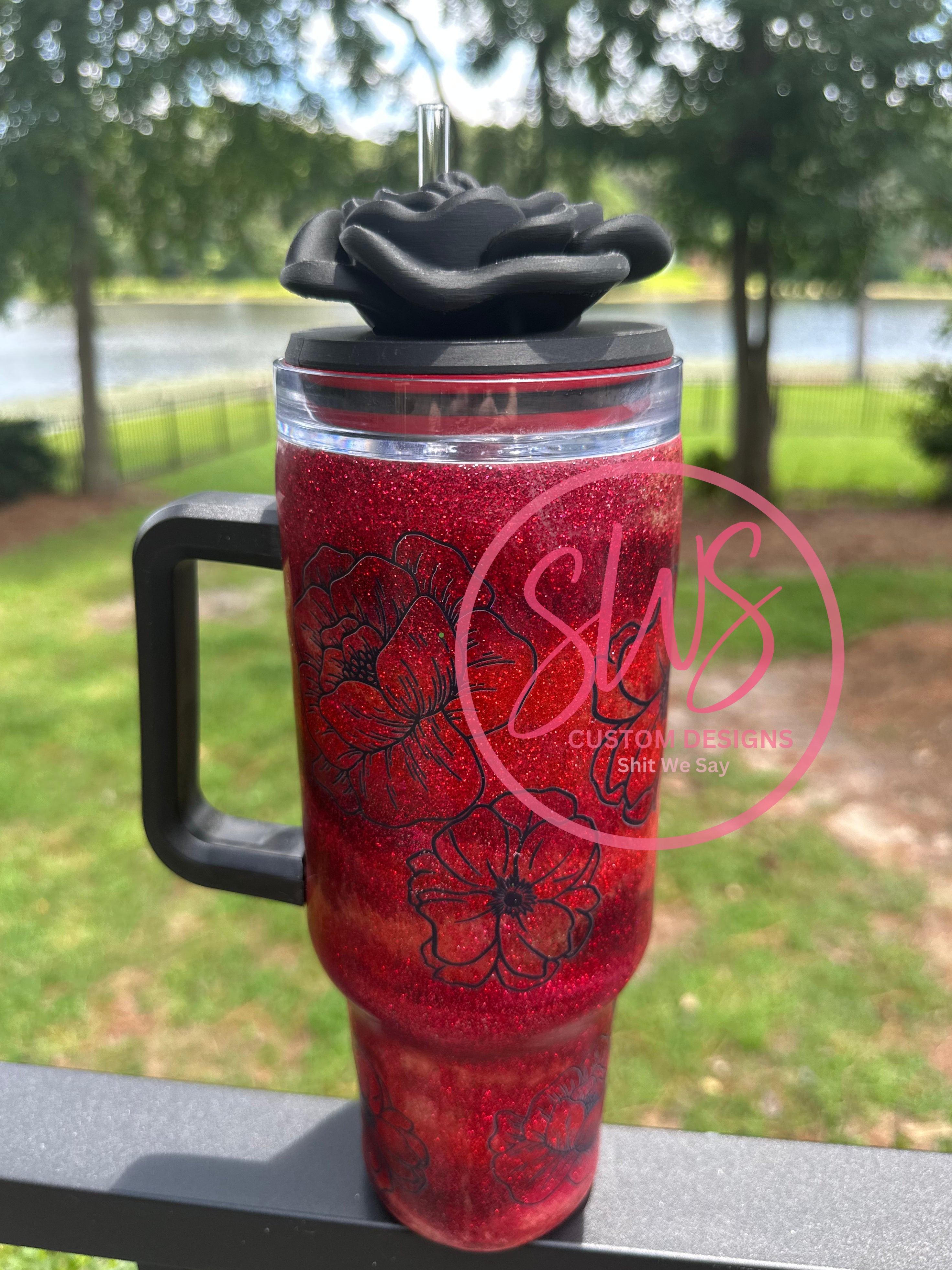 40 oz Tumbler Blood Red Flowers with Black Rose Tumbler Topper