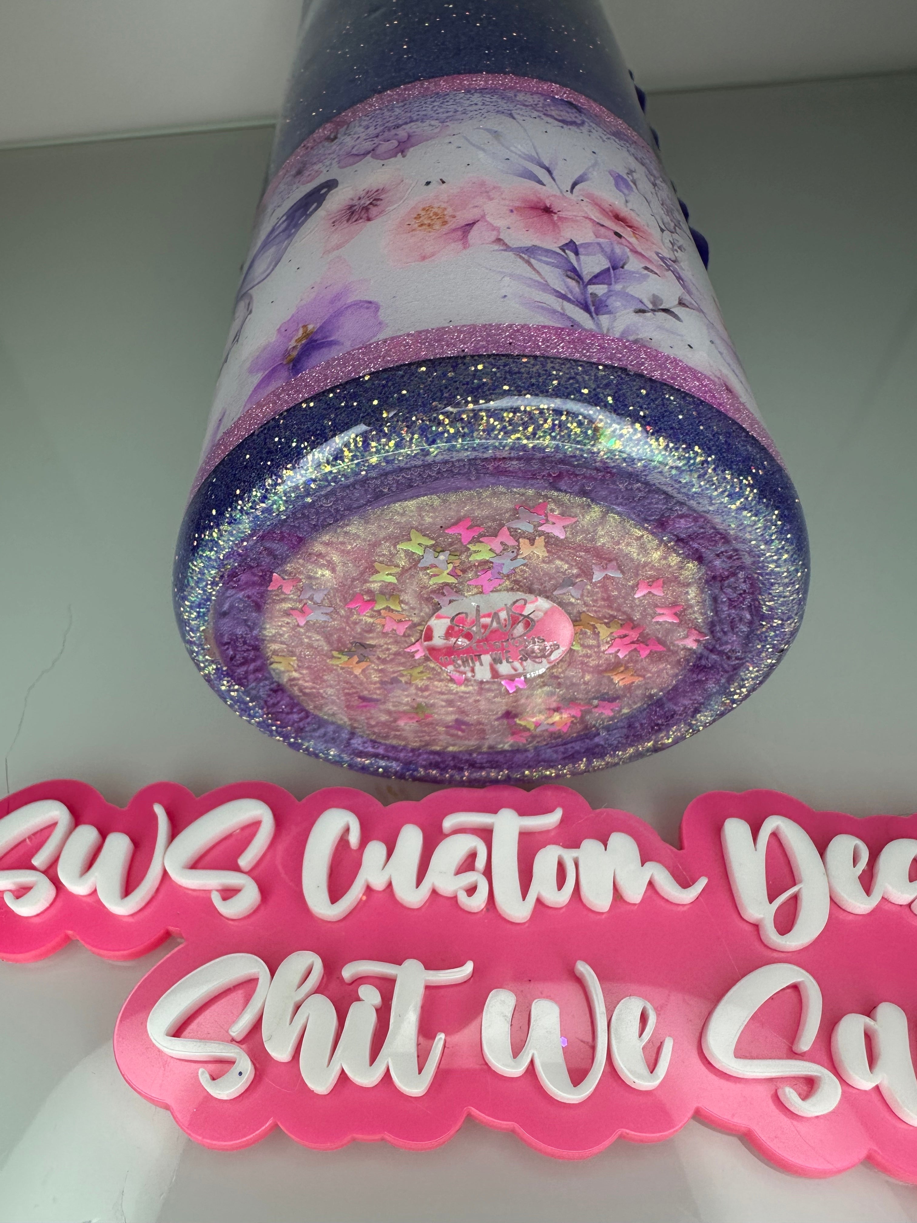 24 oz Custom Word Tumbler with Bottom done Mom Butterfly Purple Mother's Day