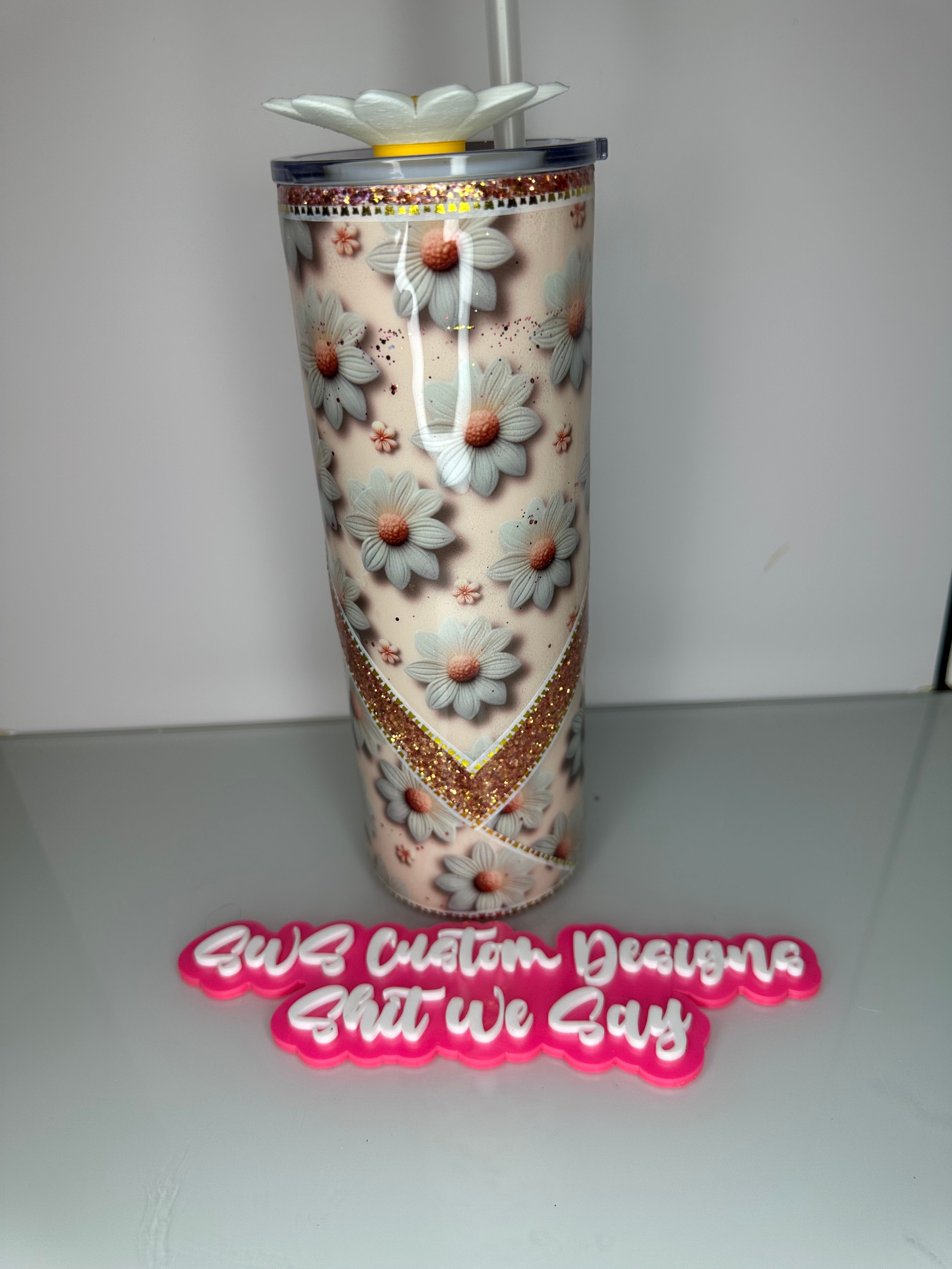 20 oz Tumbler with Daisy theme and custom Daisy lid Mother's Day Gift
