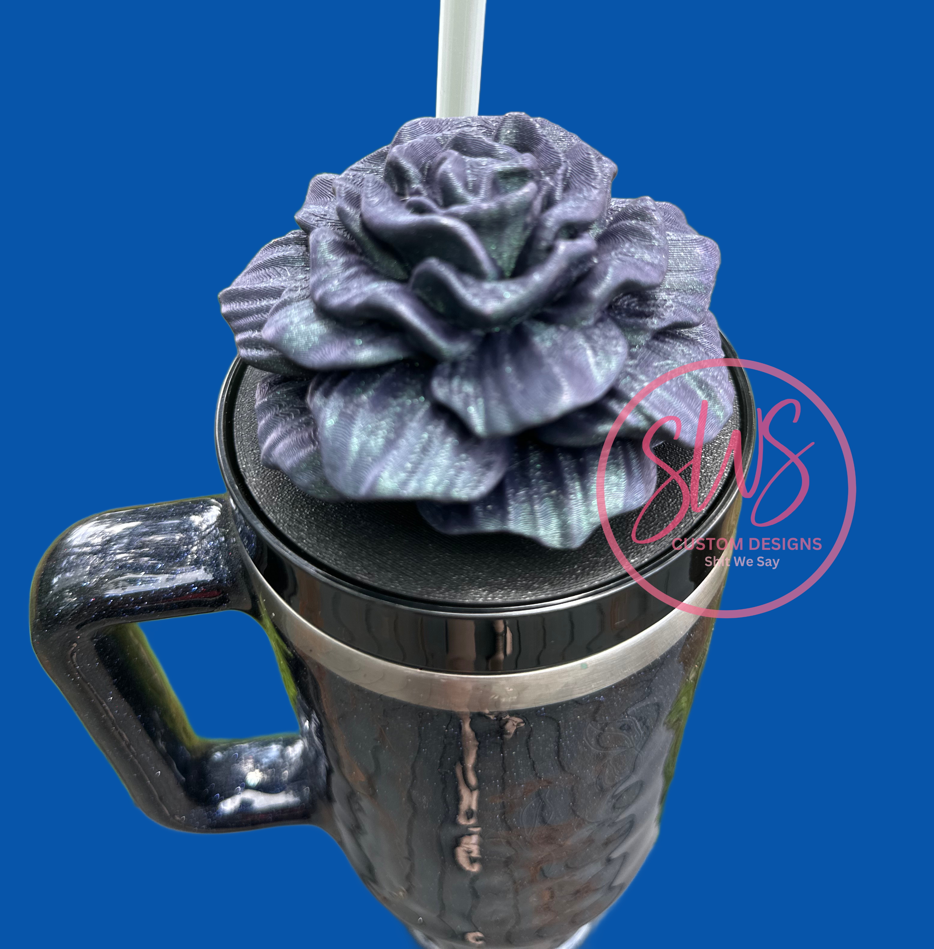 40 oz Tumbler Dark Blue with Black Peony Tumbler Topper