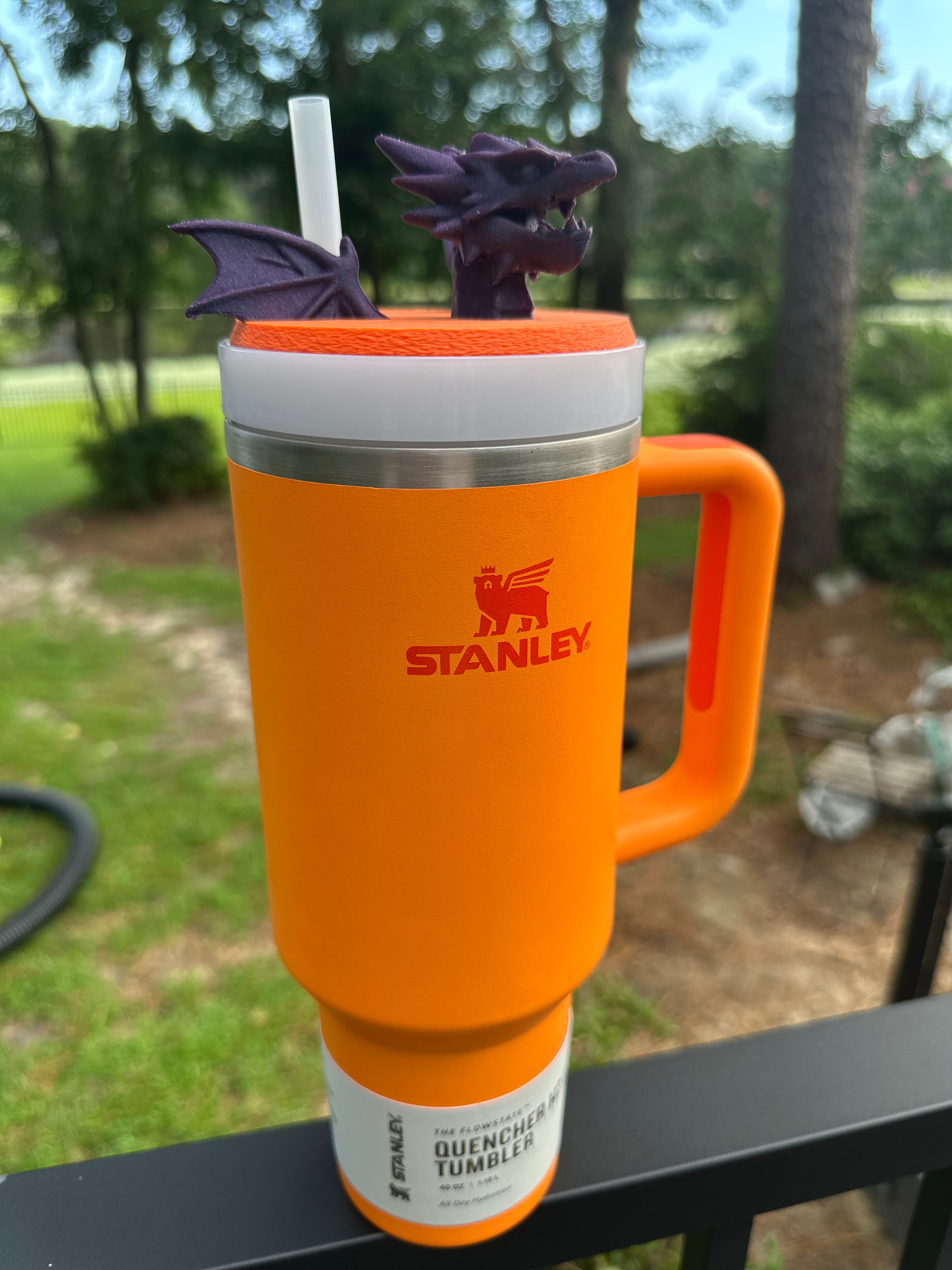 40 oz Tumbler Orange Stanley with Purple Flying Dragon Tumbler Topper