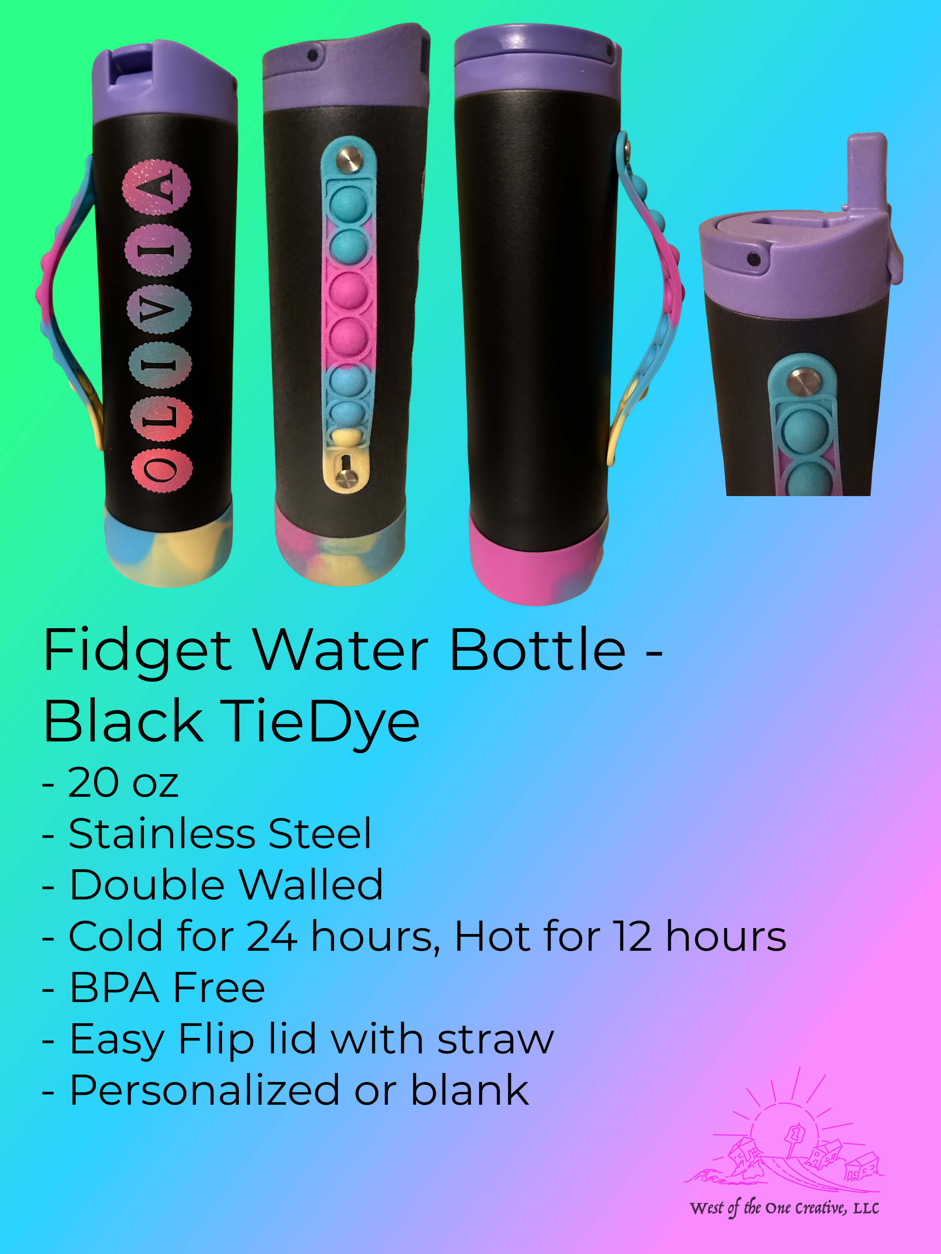 20 oz Fidget Pop Water Bottle Black Tie Dye