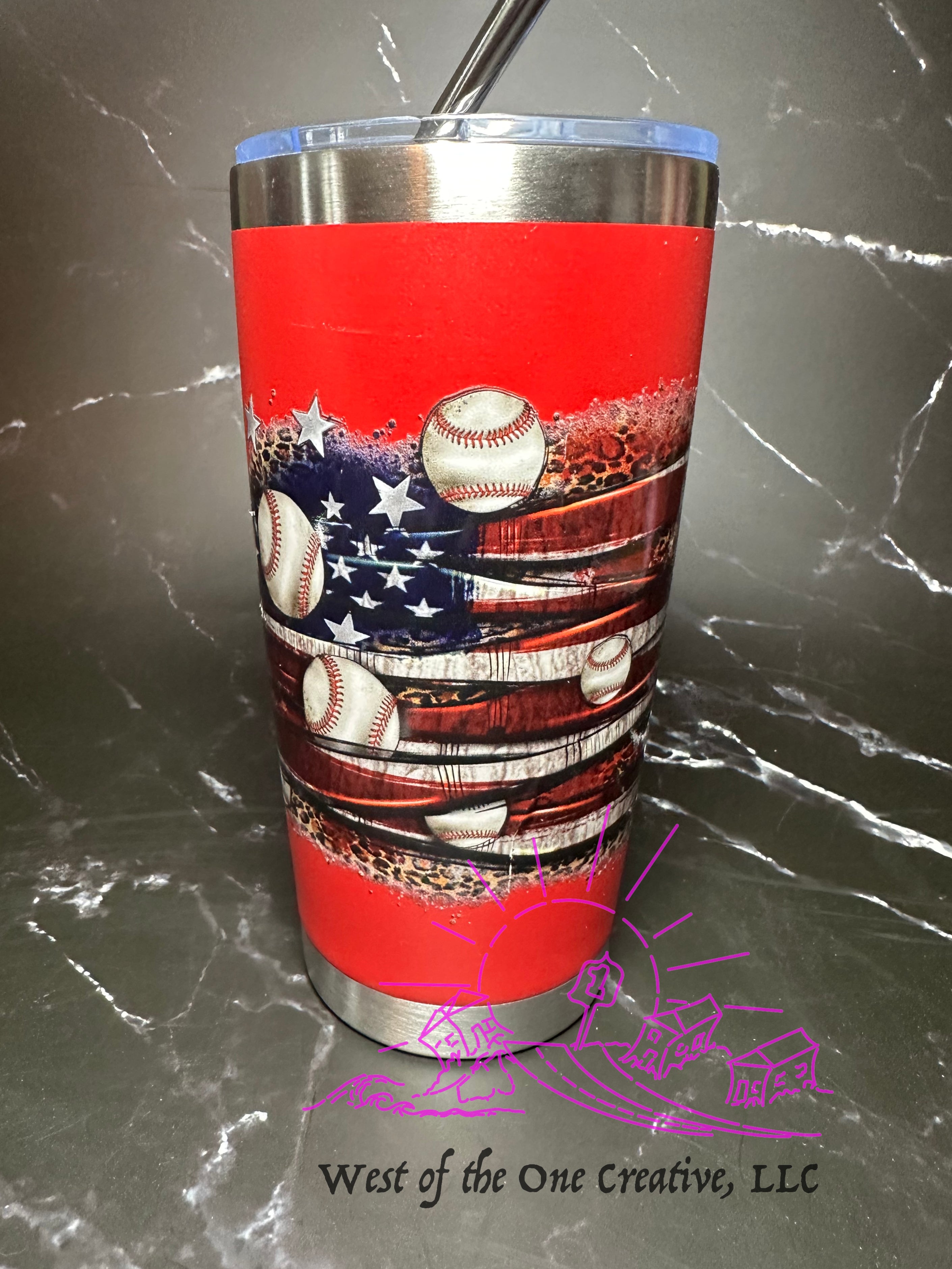 20 oz Coffee Tumbler Red American Flag baseballs and bats