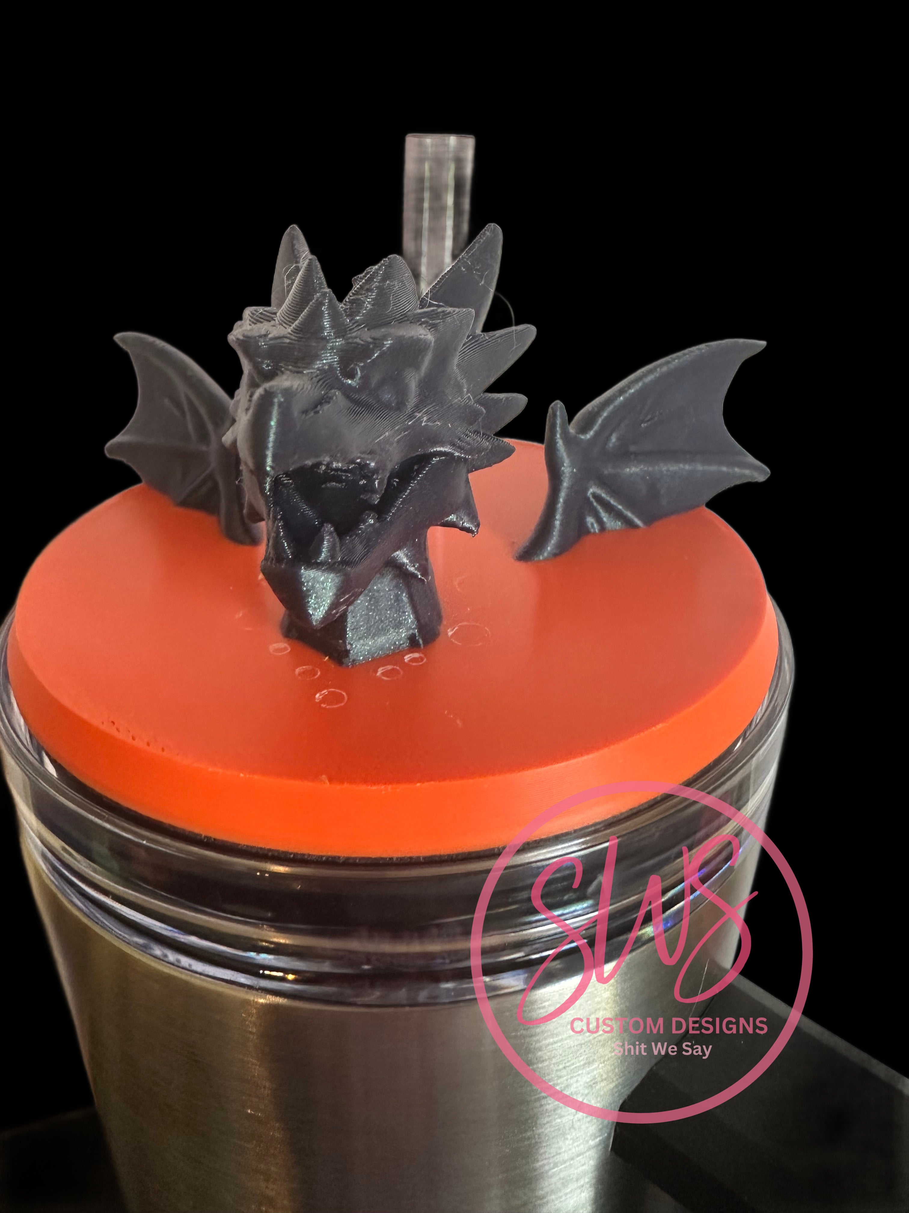 40 oz Tumbler Orange Stanley with Purple Flying Dragon Tumbler Topper