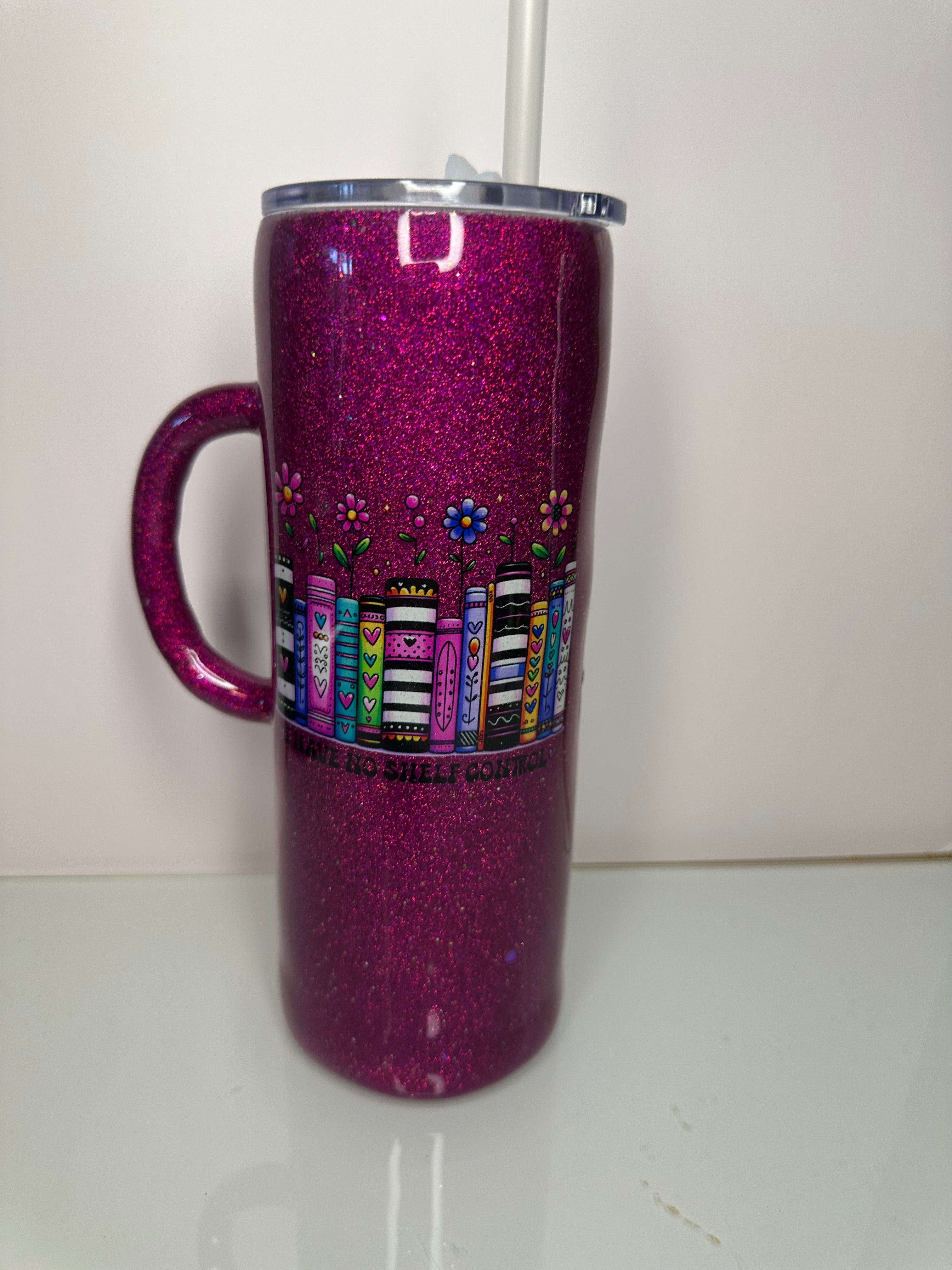 24 oz I Have No Shelf Control bookshelf tumbler pink
