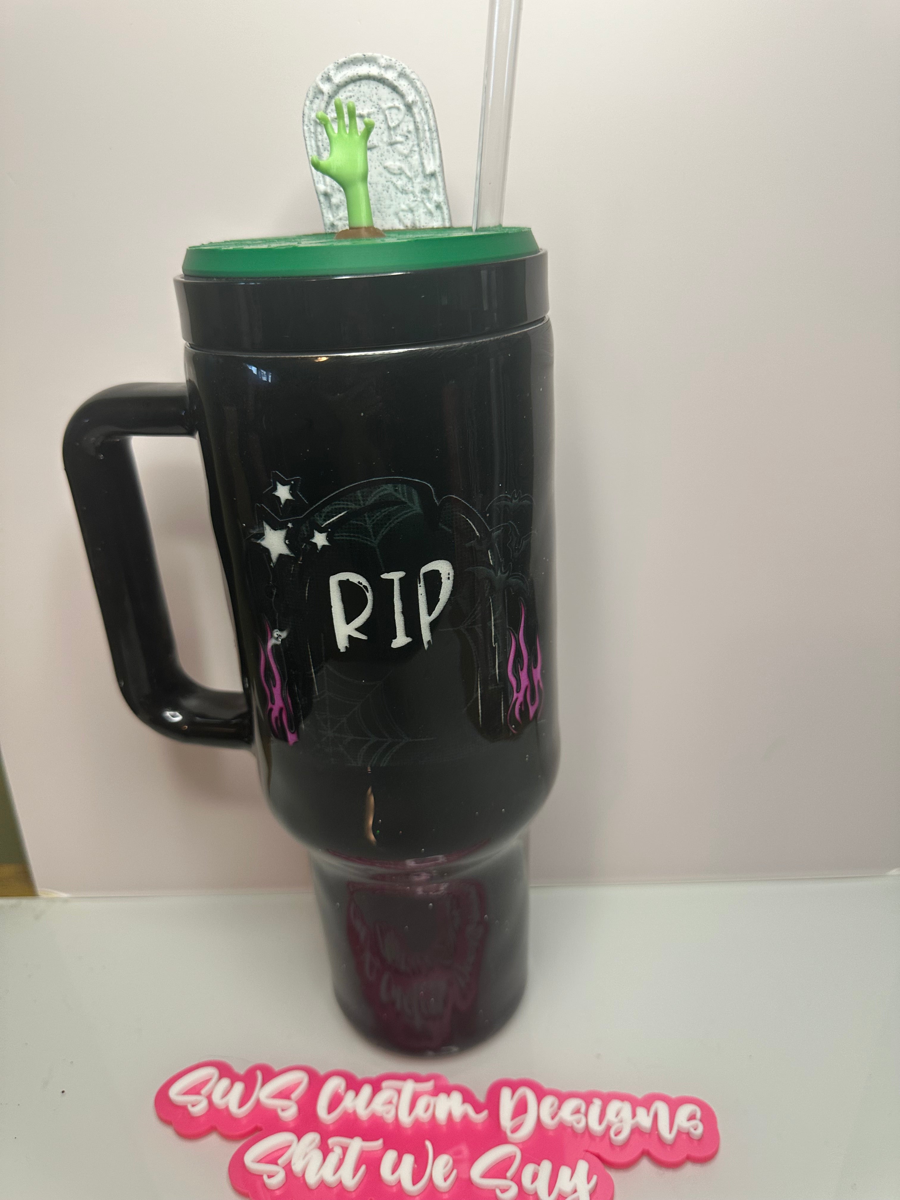 40 oz Tumbler Dark Black with RIP Zombie Hand Cemetary
