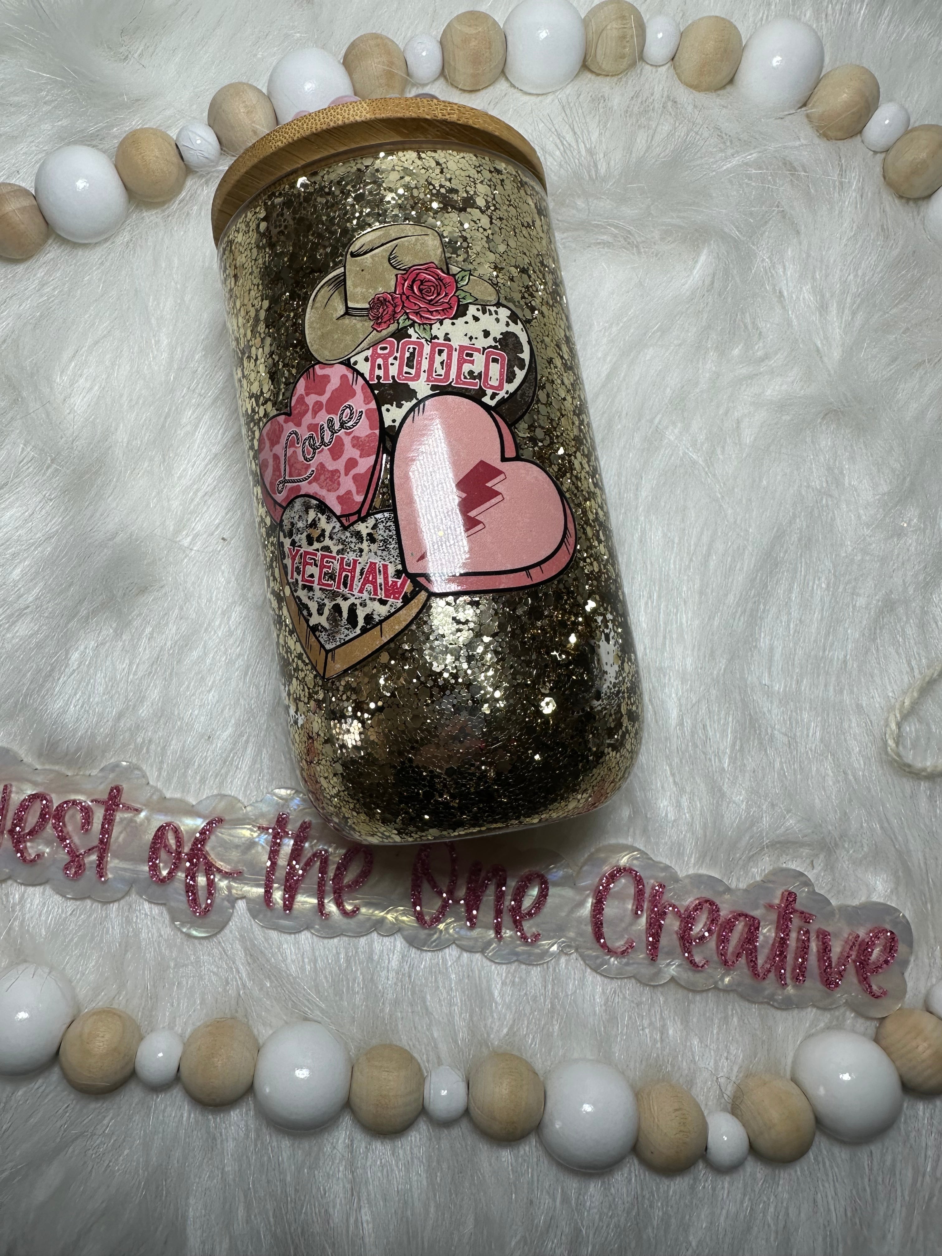 14 oz Glitter Globe Wine Tumbler Rodeo Hearts