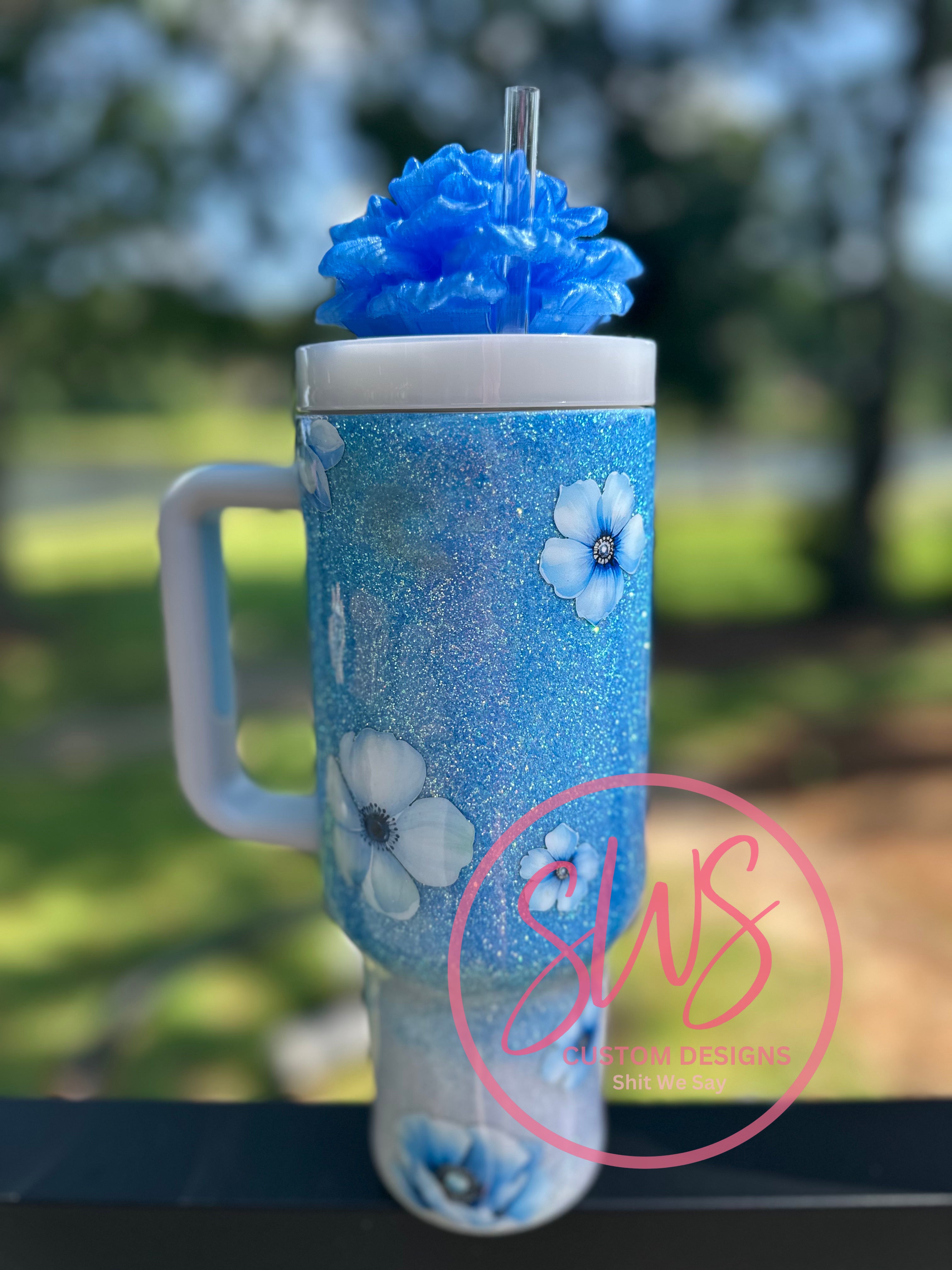 40 oz TM Tumbler Light Blue with Flowers and Peony Tumbler Topper