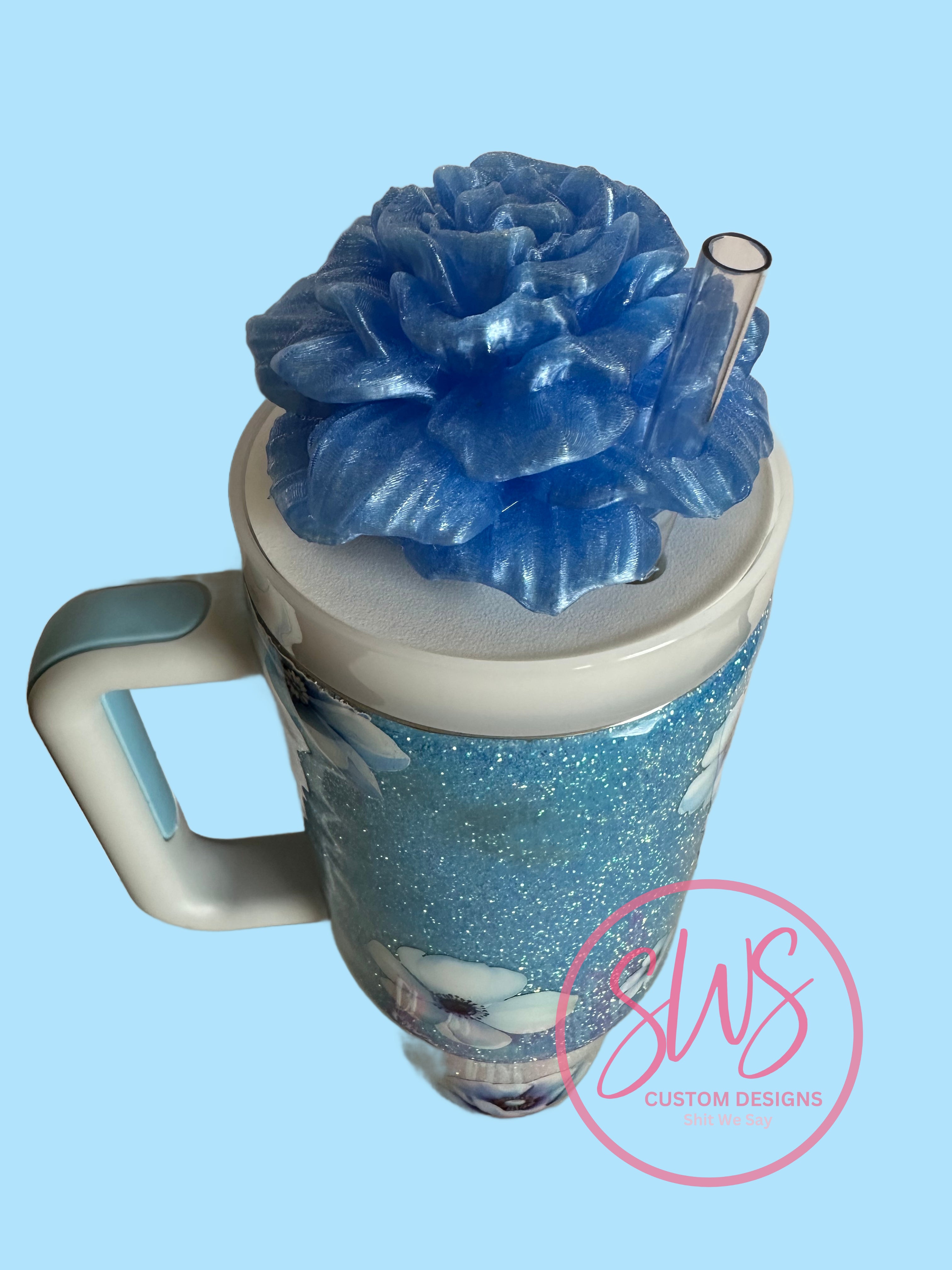 40 oz TM Tumbler Light Blue with Flowers and Peony Tumbler Topper