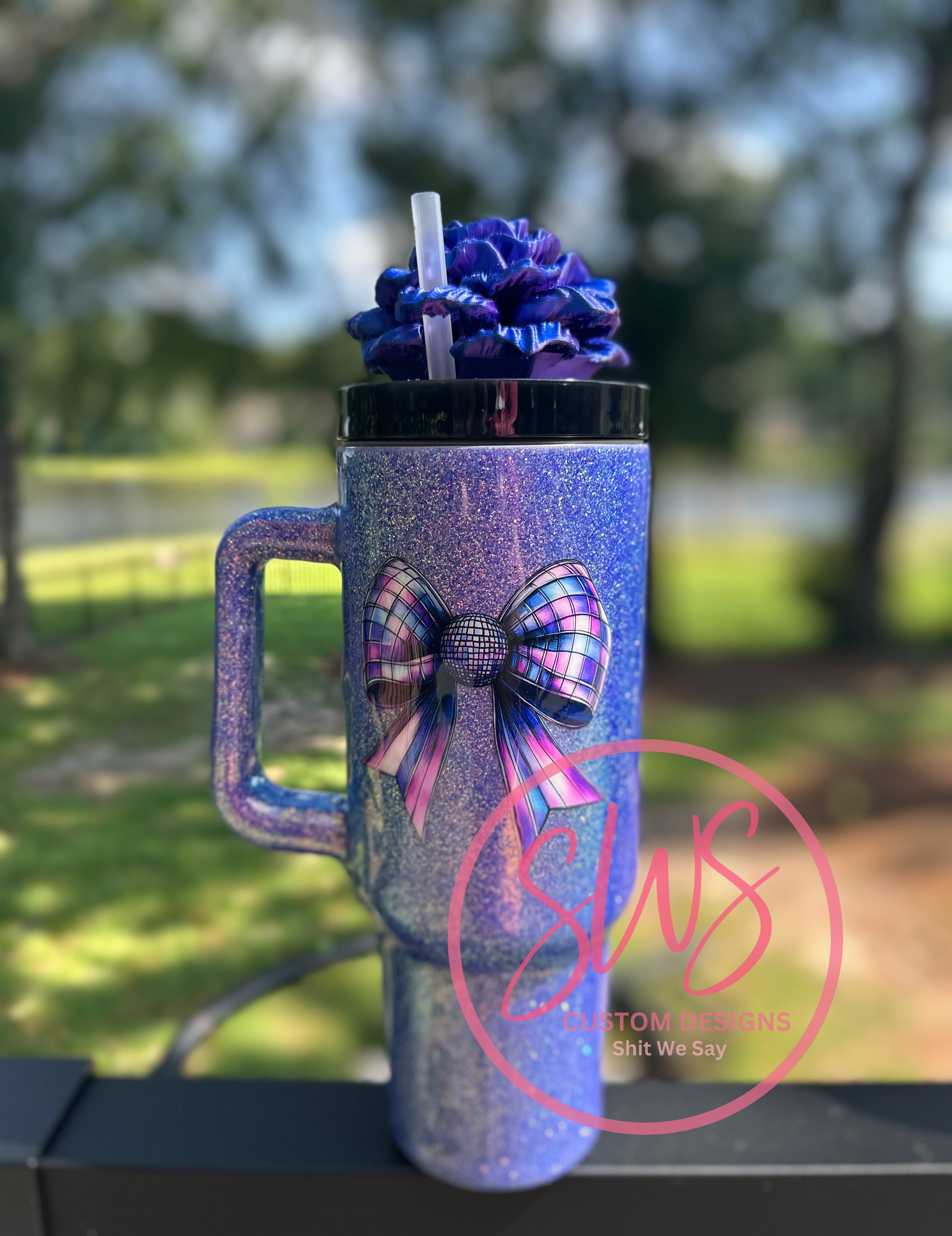 40 oz TM Tumbler Purple Disco Coquette box with Peony Tumbler Topper
