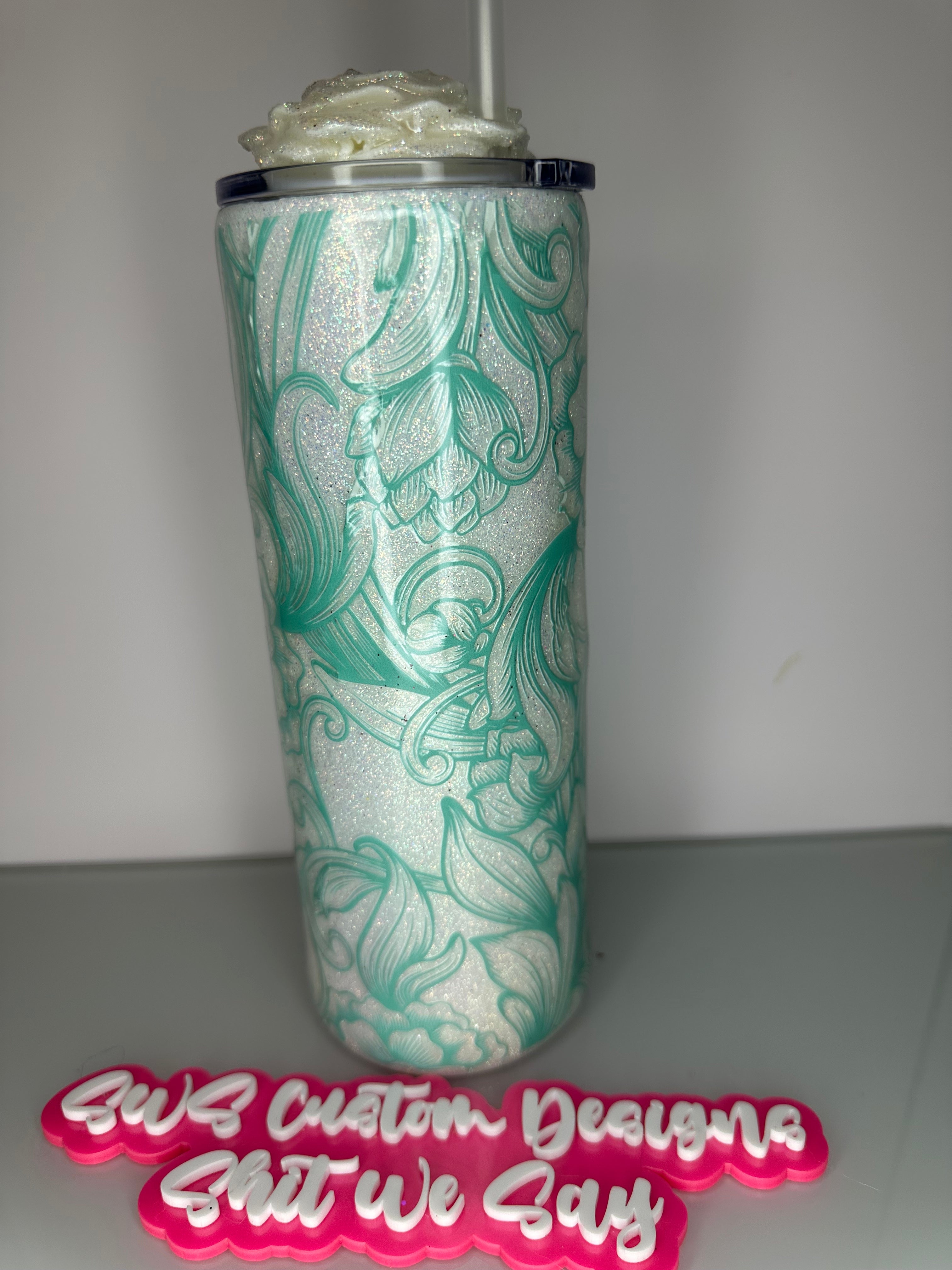 24 oz Teal and white tumbler with custom peony lid