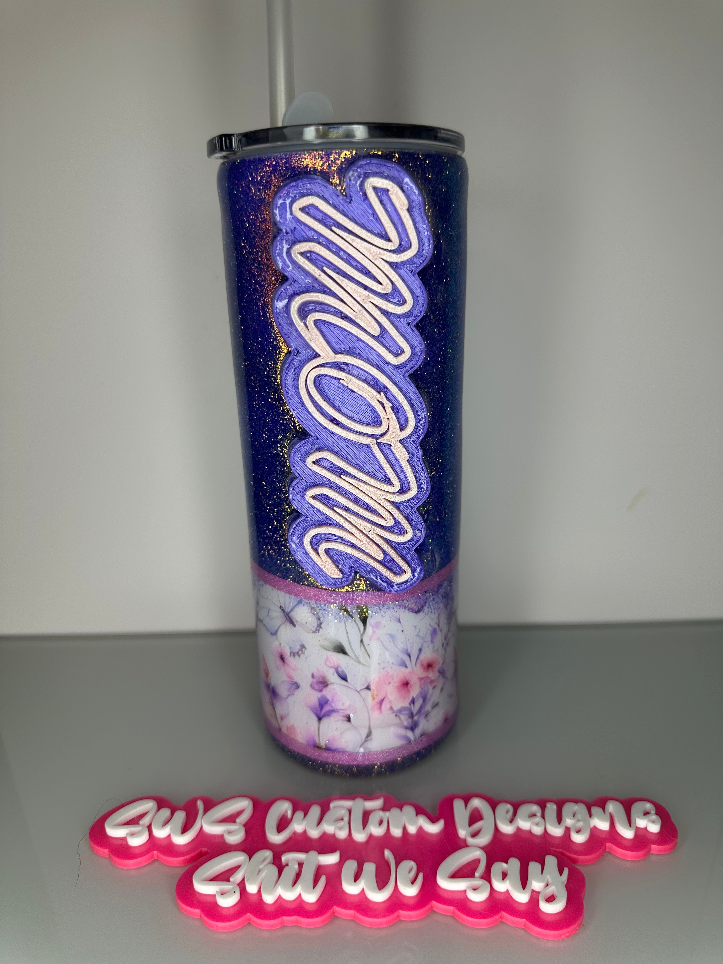 24 oz Custom Word Tumbler with Bottom done Mom Butterfly Purple Mother's Day