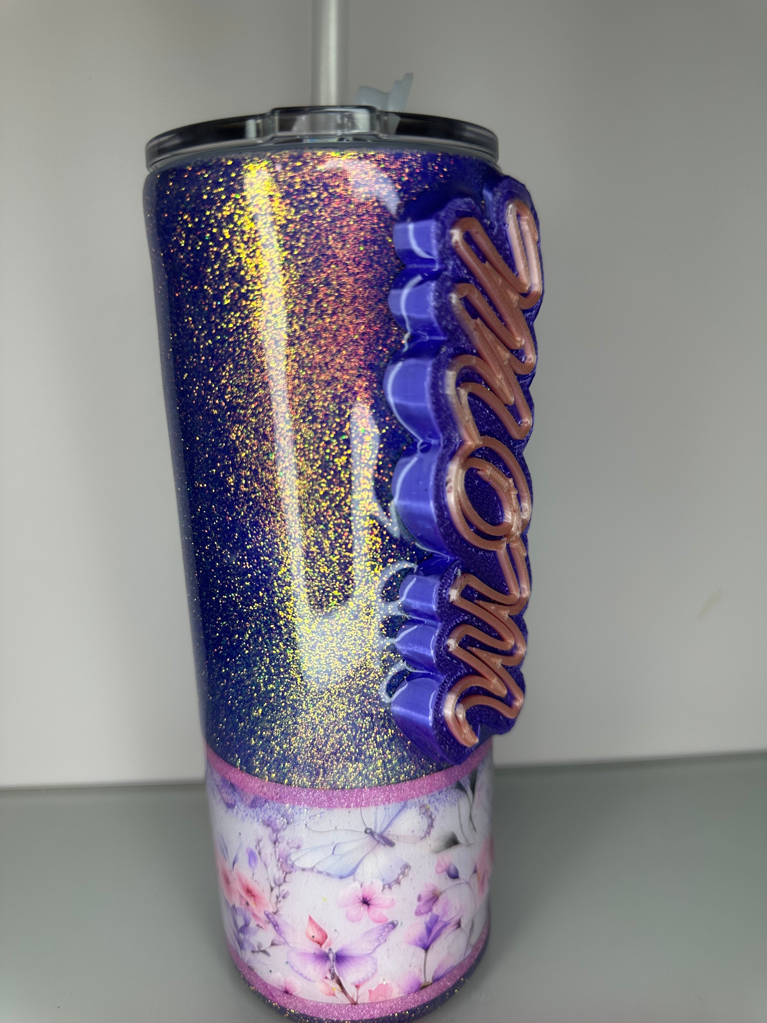 24 oz Custom Word Tumbler with Bottom done Mom Butterfly Purple Mother's Day