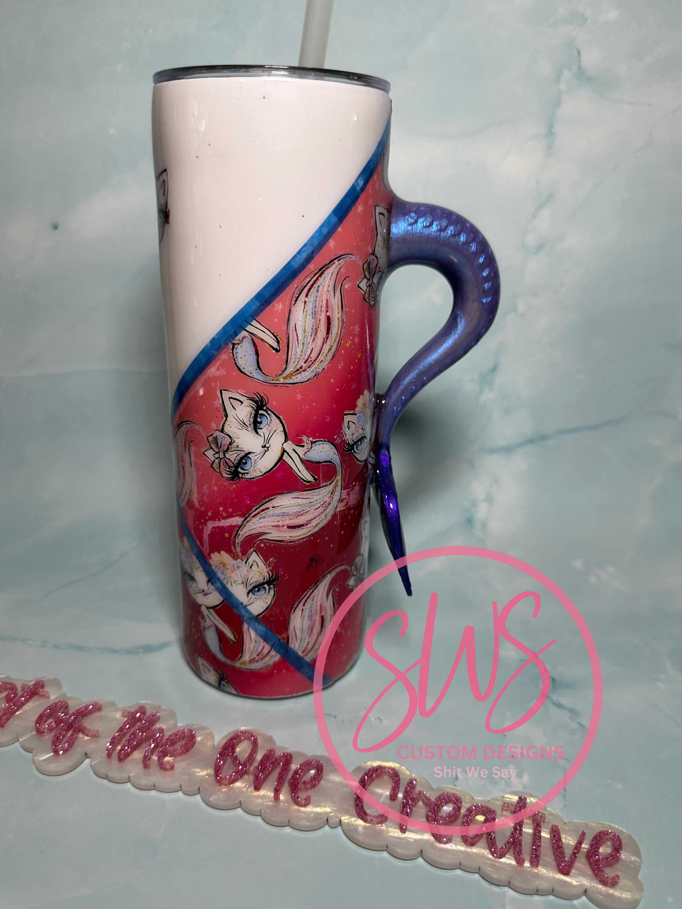 20 oz Cat Mermaid Blue with Custom Tail on Tumbler Glows in the Dark