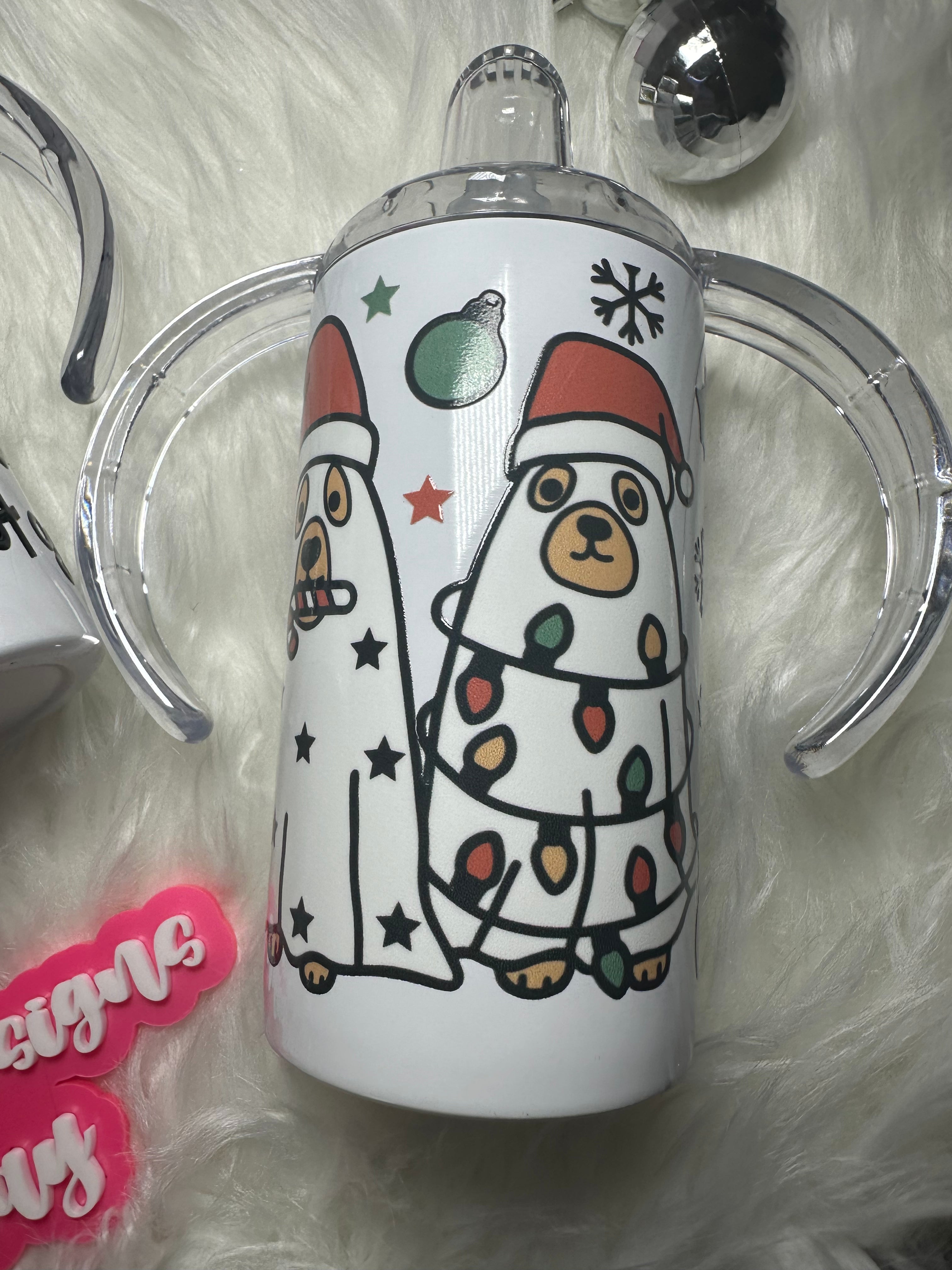 12 oz Stainless Steel Sippy Cups with two lids Green Elf Dogs Ghost Lights