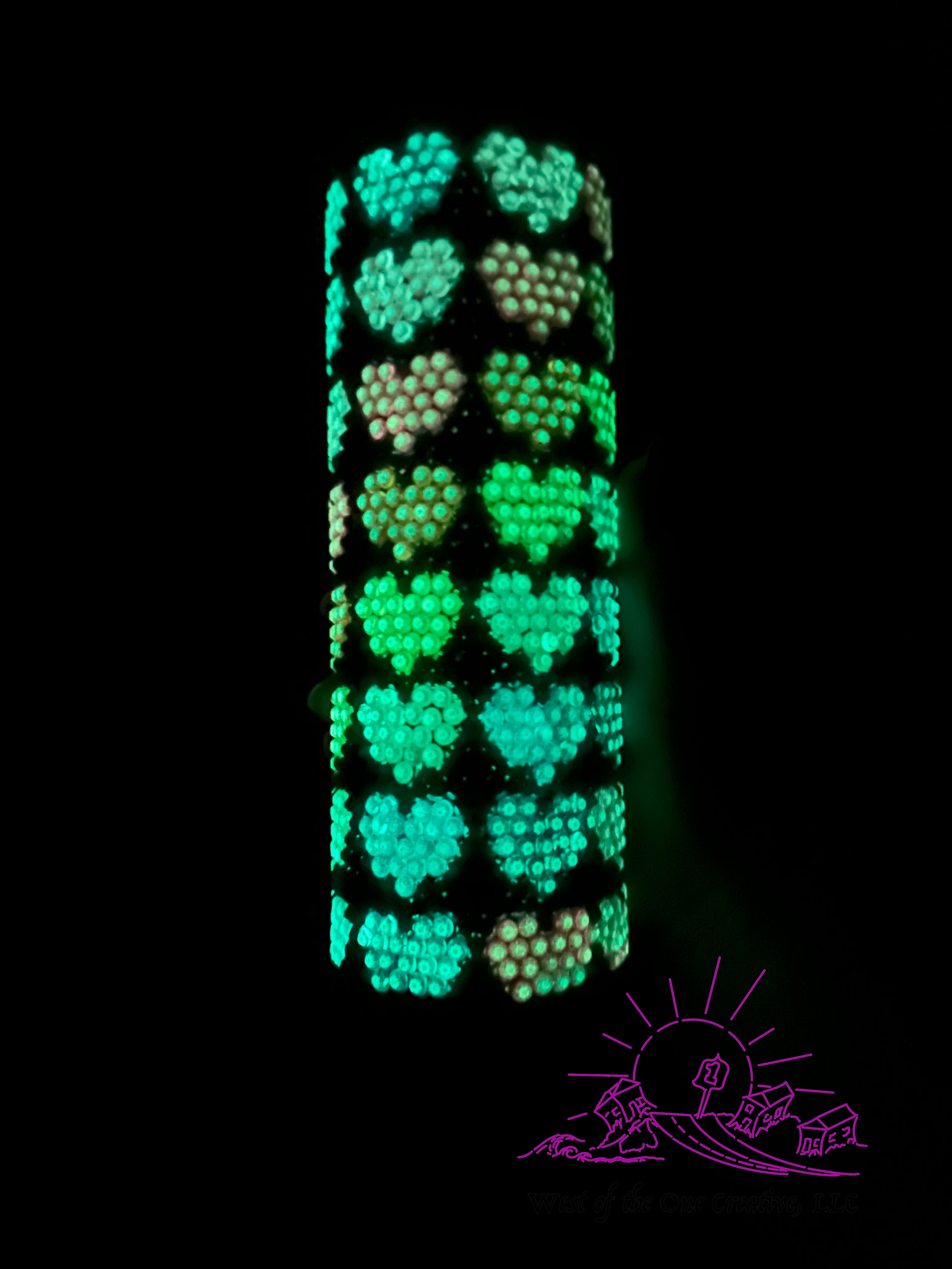 20oz Strawbler Tumbler Hearts Glow in the Dark Rhinestones