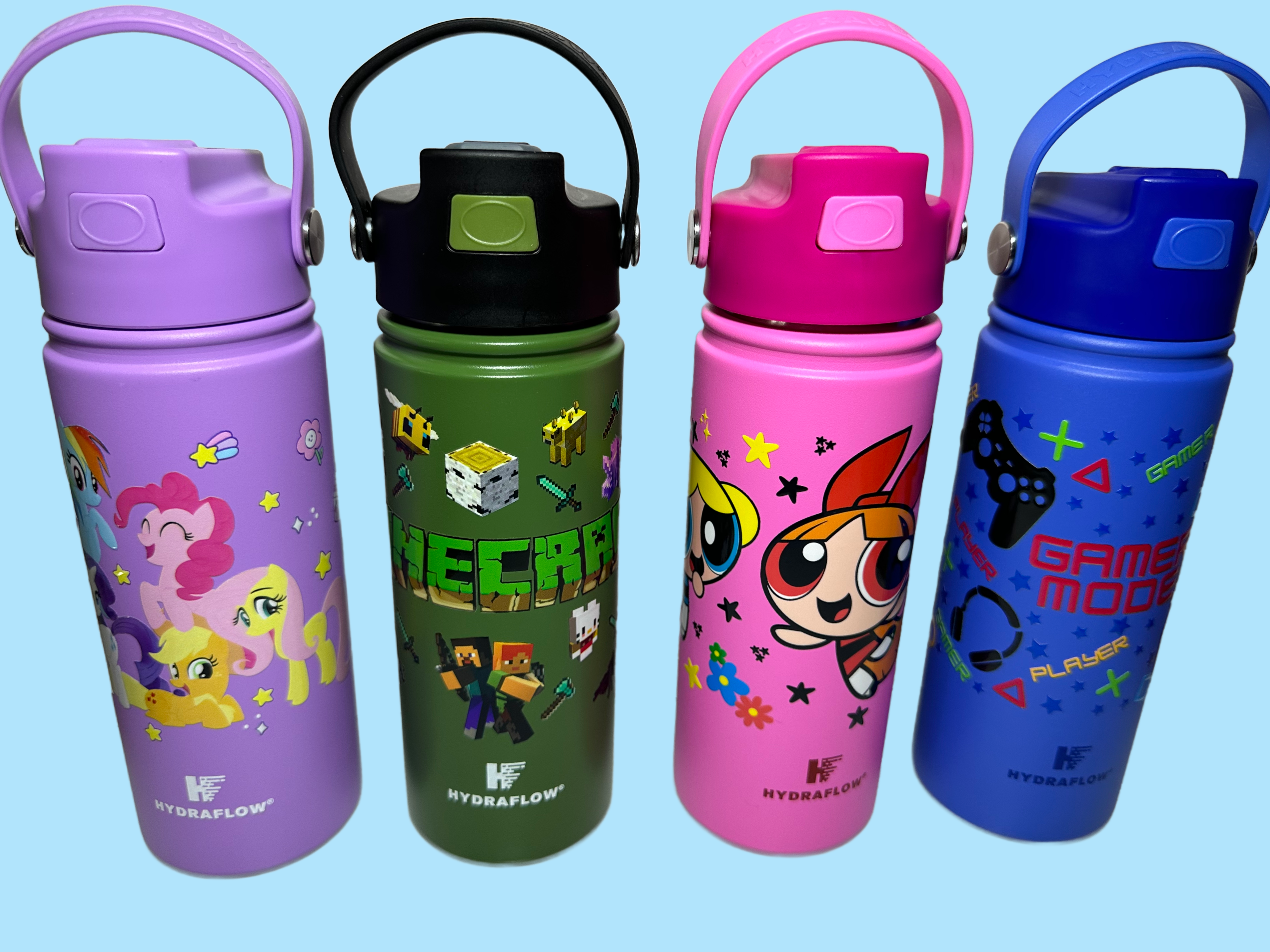 17 oz Hydraflow Water bottles Gamer, Craft of Mining, Ponies, and Girls With Power and Puffs