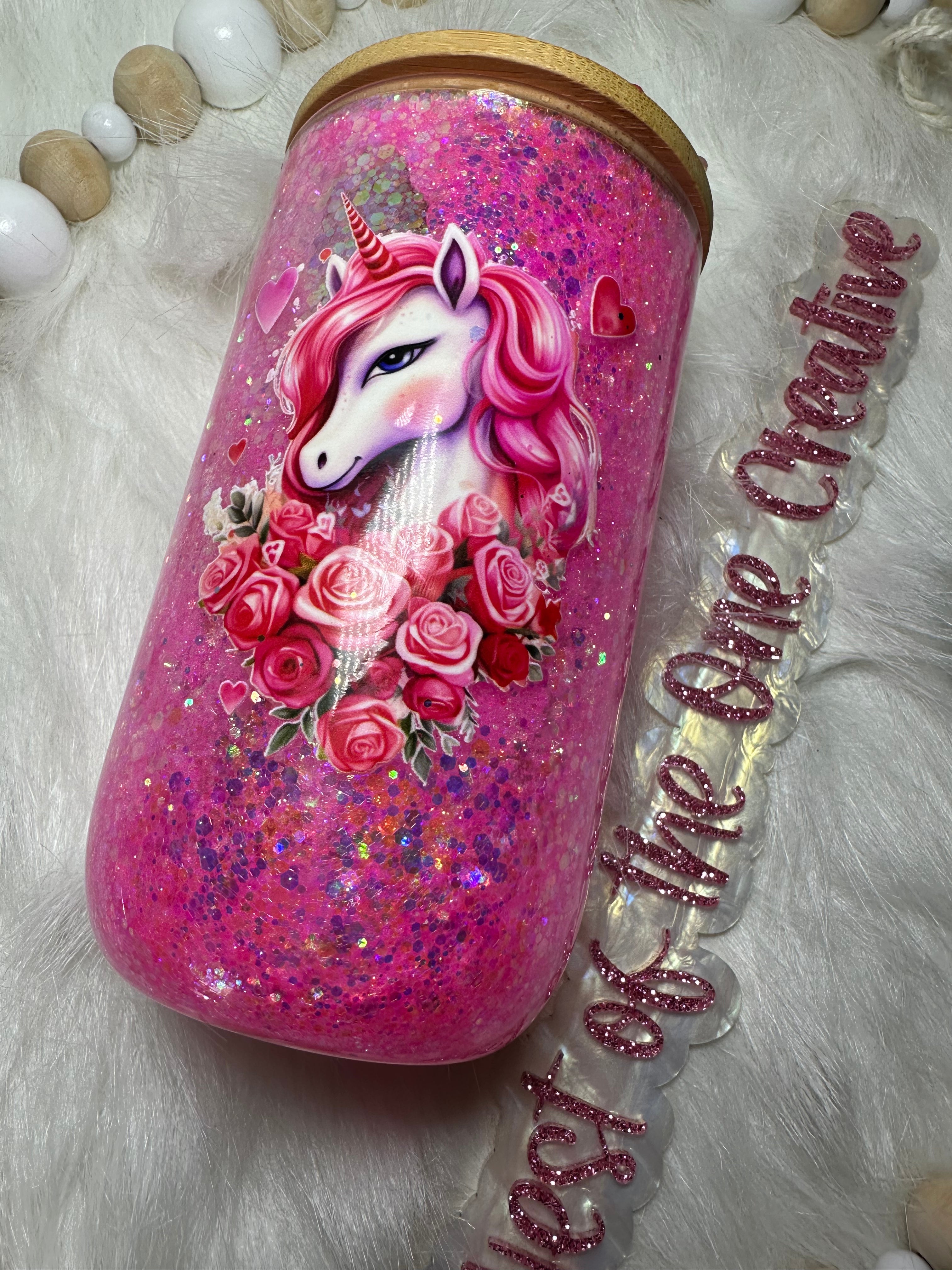 14 oz Glitter Globe Unicorn Wine Tumbler Pink