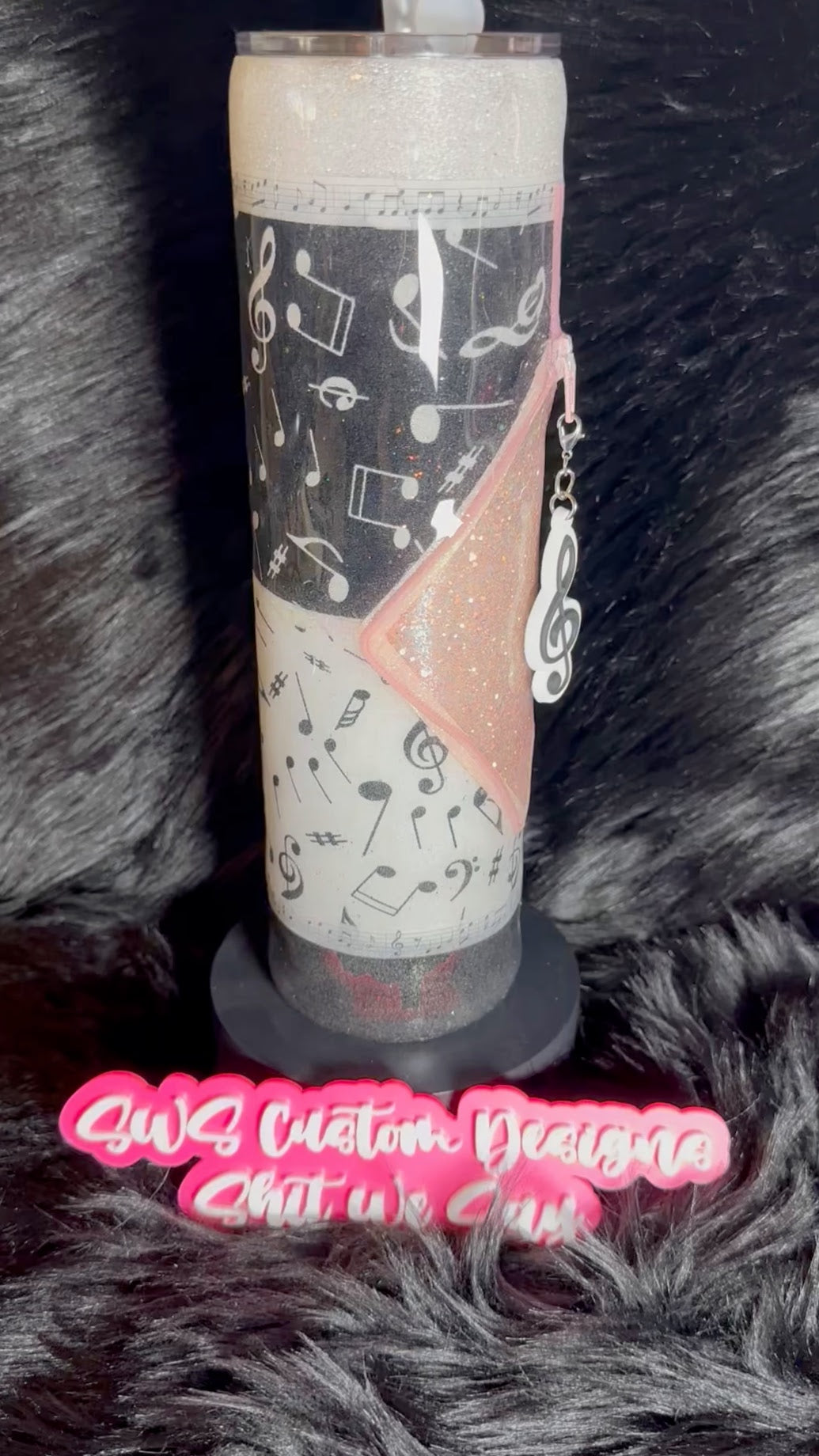 32 oz Pink Black White Music Notes Tumbler with Zipper