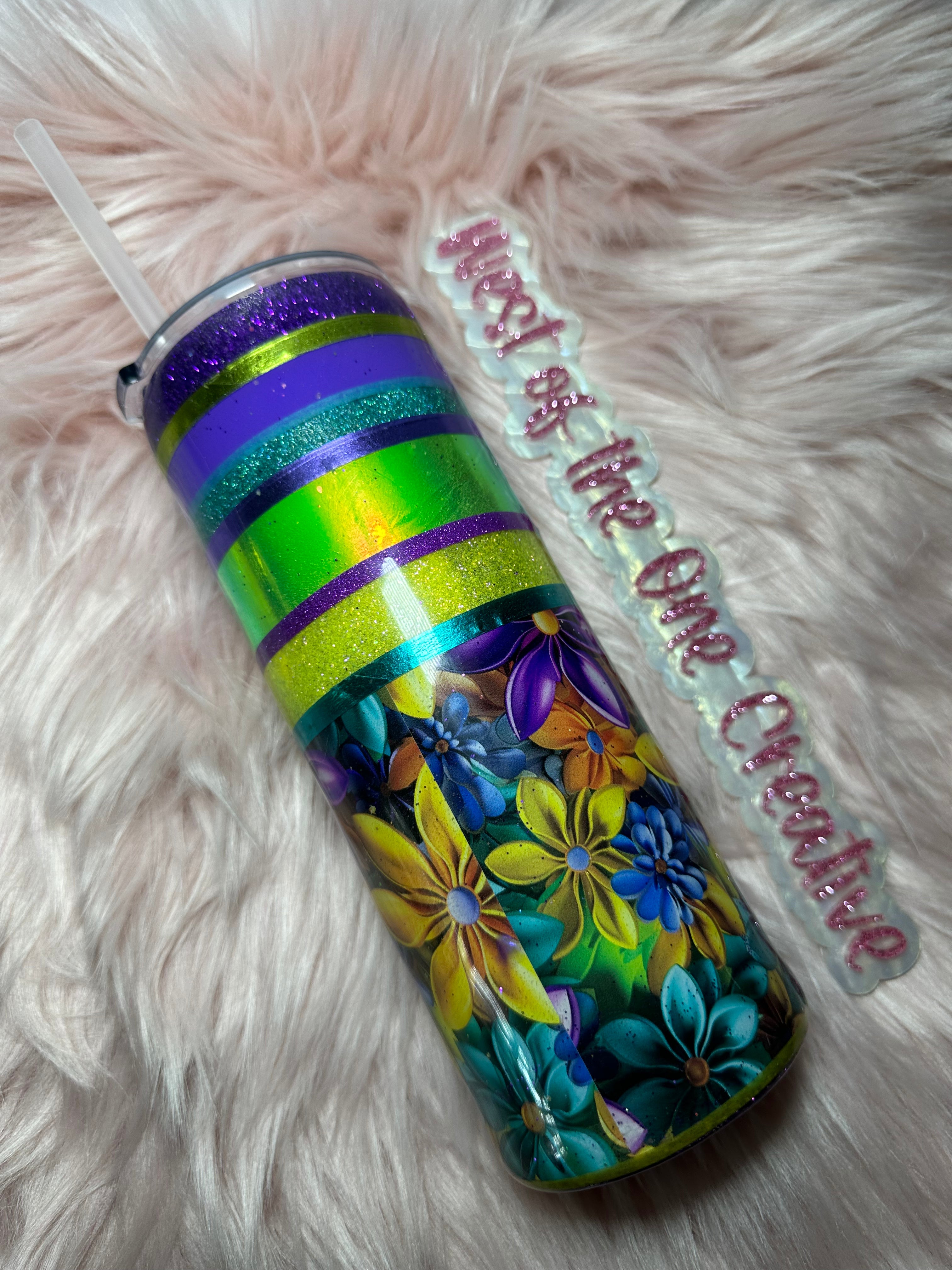 24 oz 3D Flowers in purple yellow blue tumbler