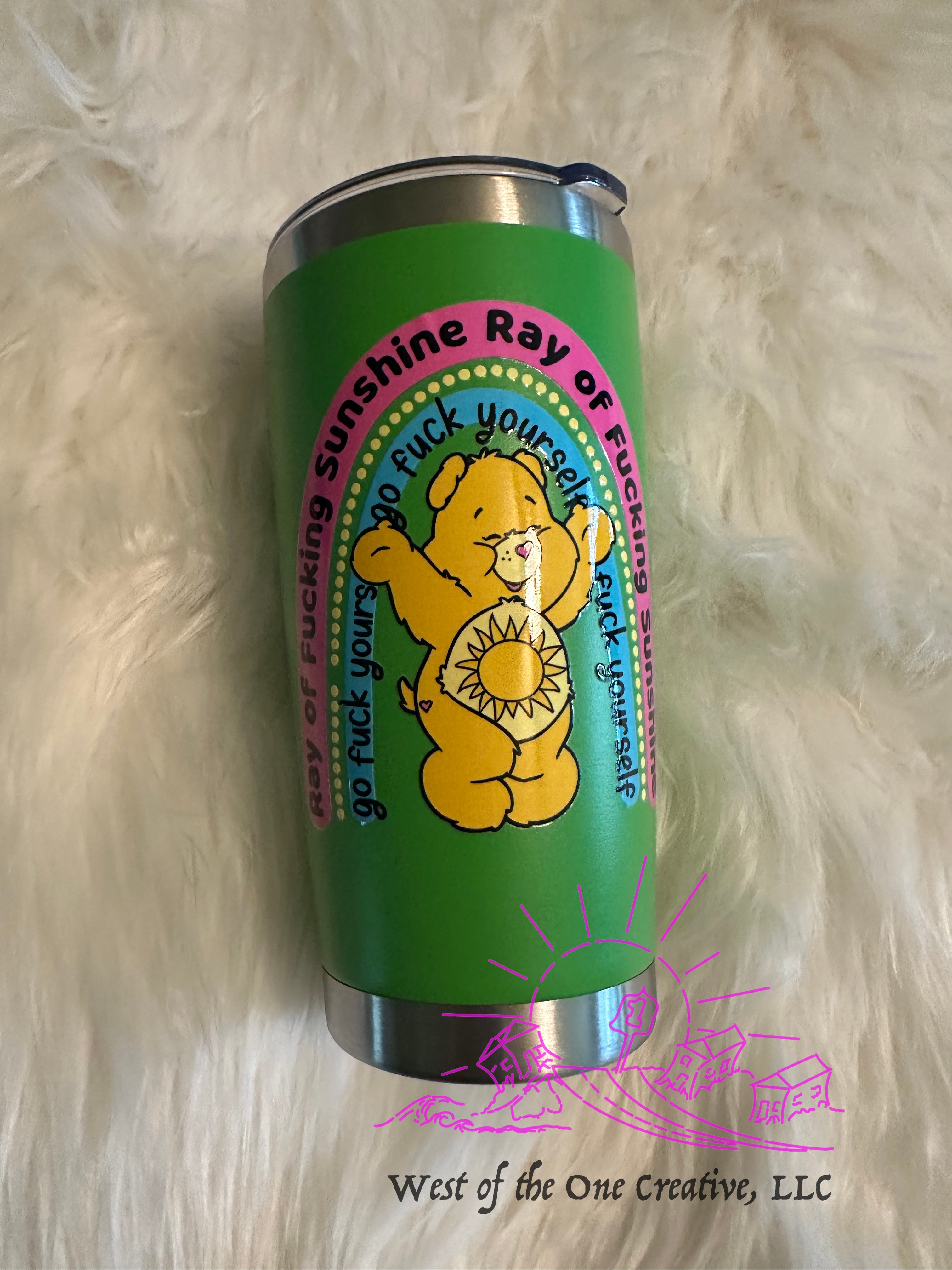 20 oz Coffee Tumbler Bright Green Swear Bear Ray of Fucking Sunshine