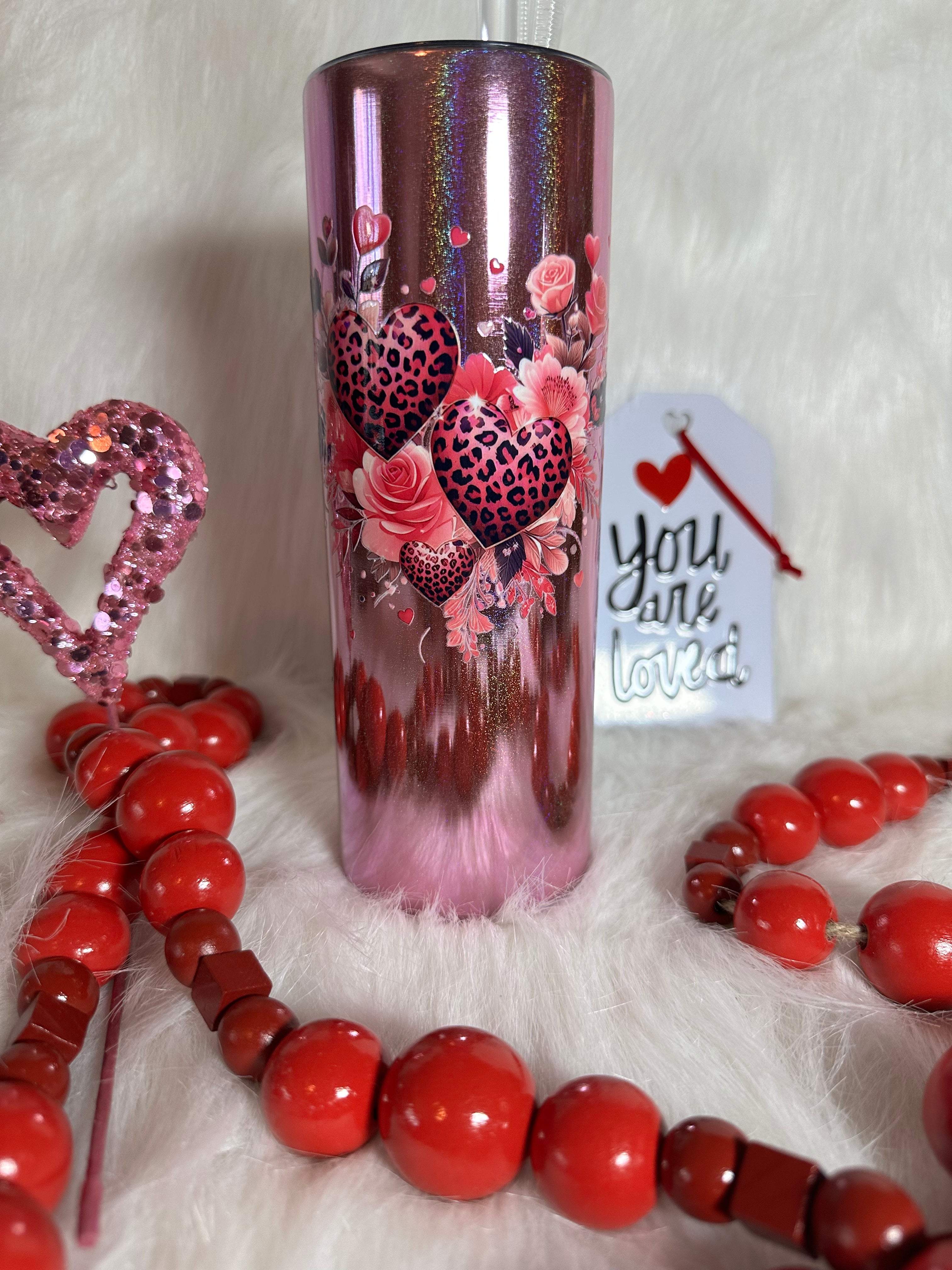 20oz Shiny Pink Hearts with Leopard Print Tumbler