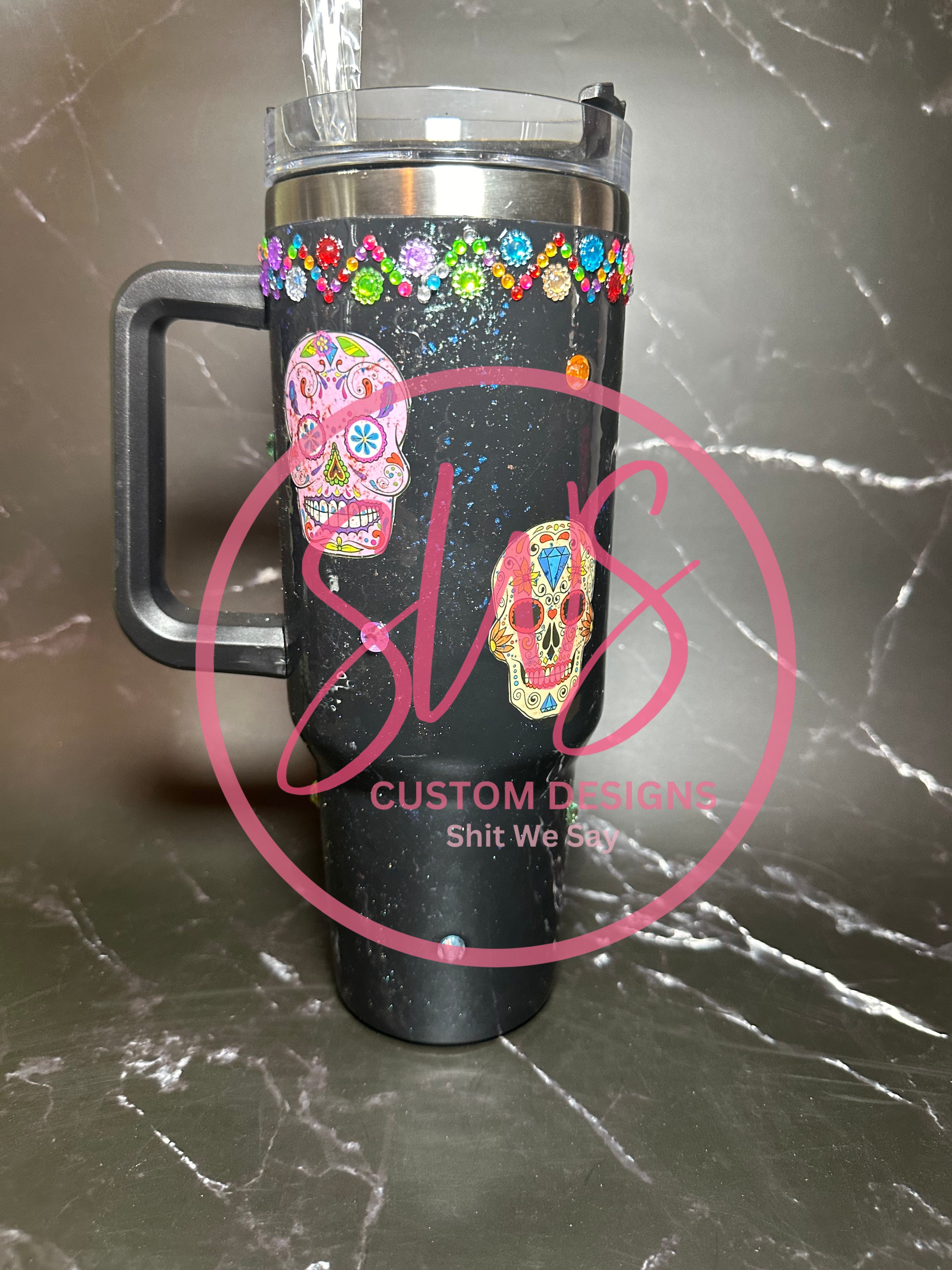 40oz Skull Candy Stainless Steel Tumbler! Dia de Los Muertos black