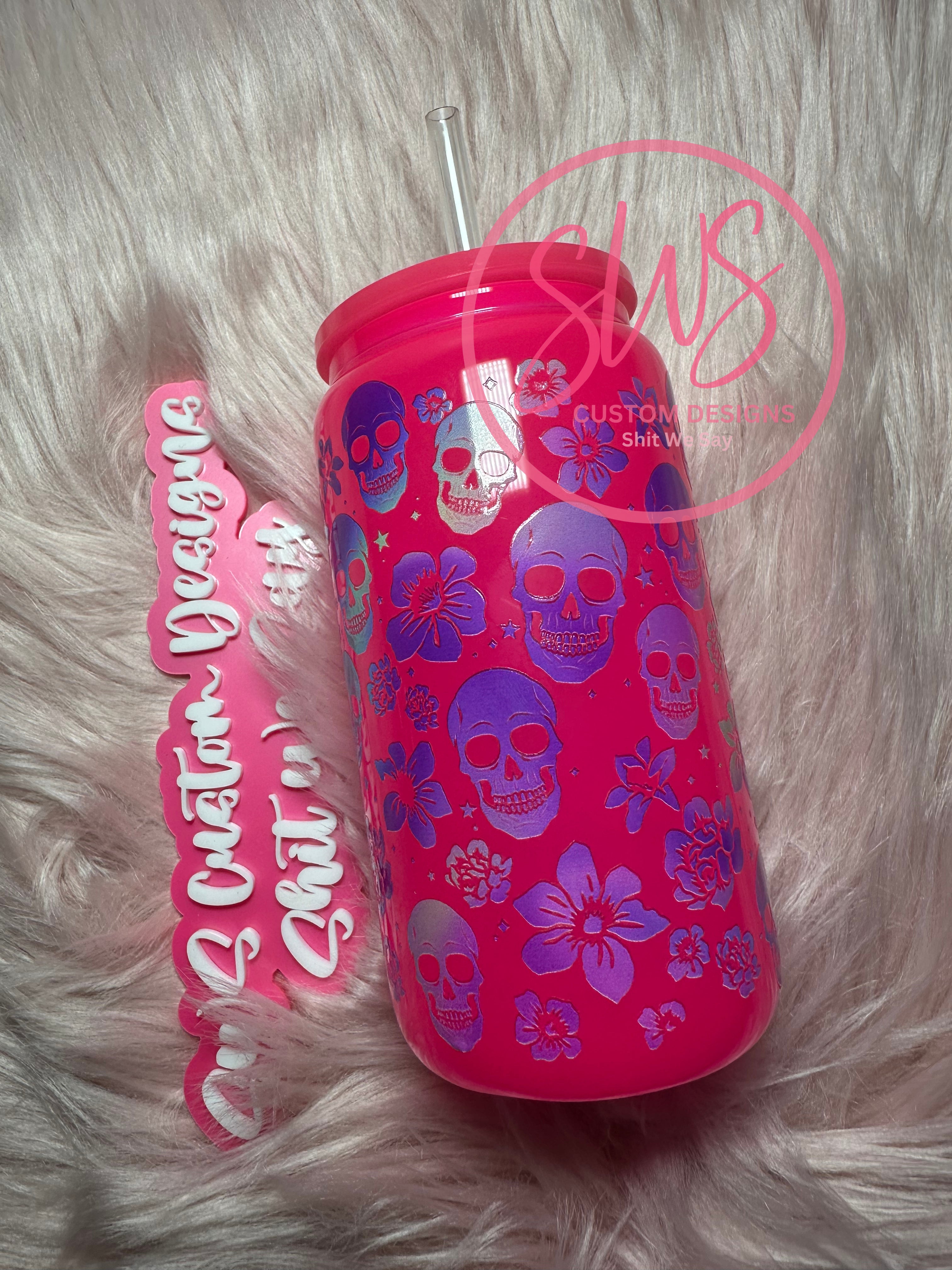 16 oz Glass Skull Can Tumbler Pink