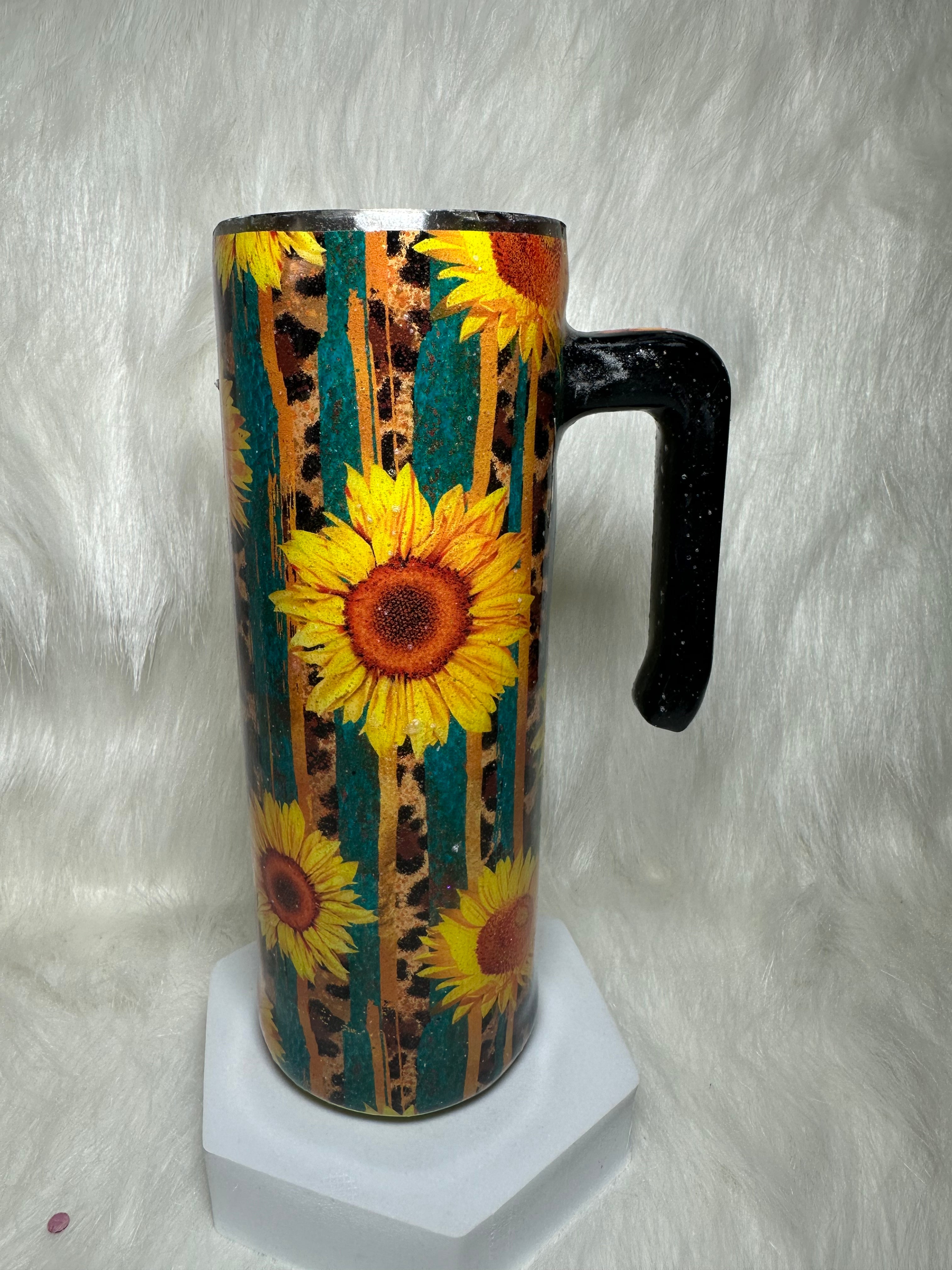 20 oz skinny tumbler with handle Sunflowers and Cheetah spots