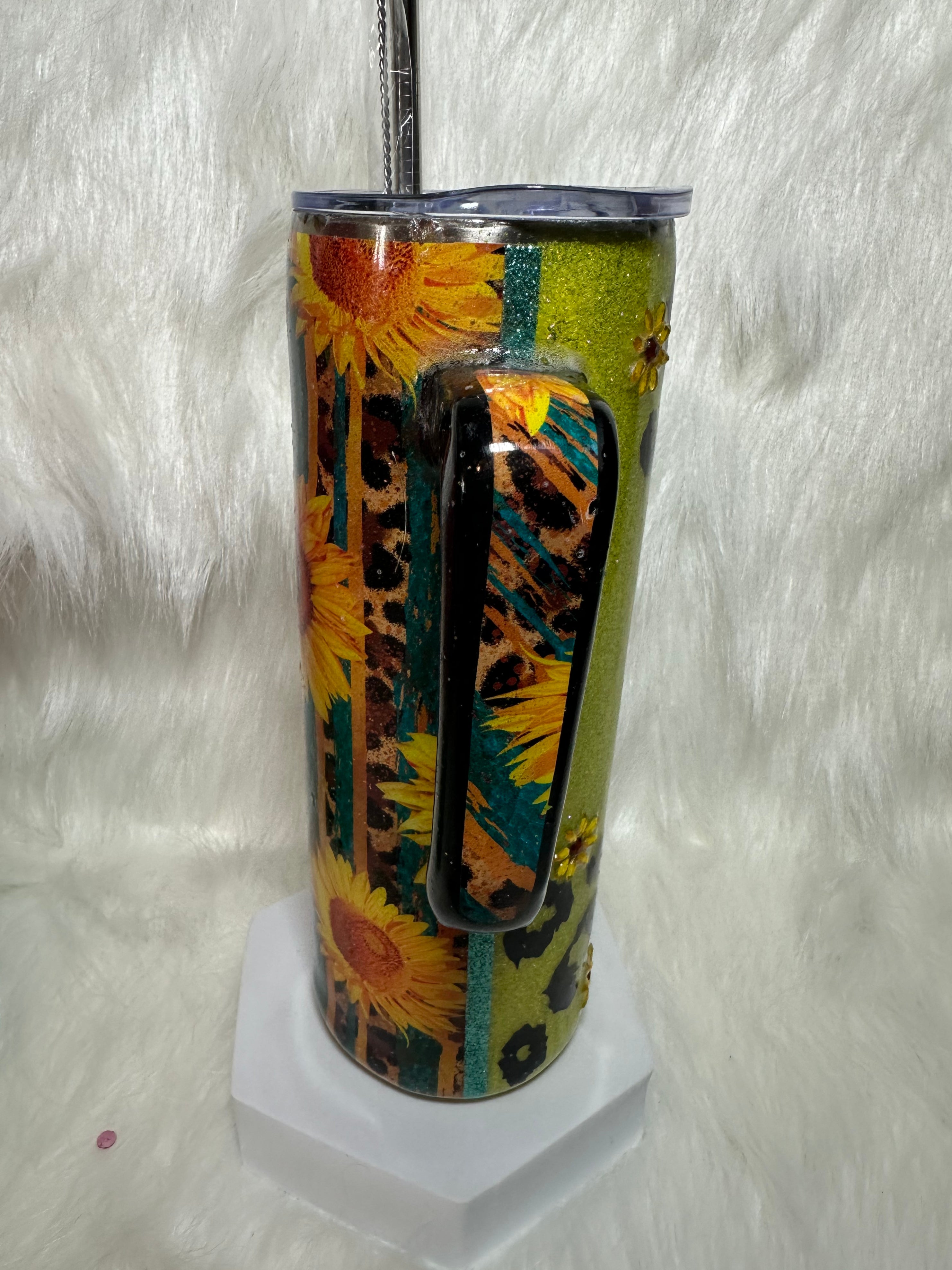 20 oz skinny tumbler with handle Sunflowers and Cheetah spots