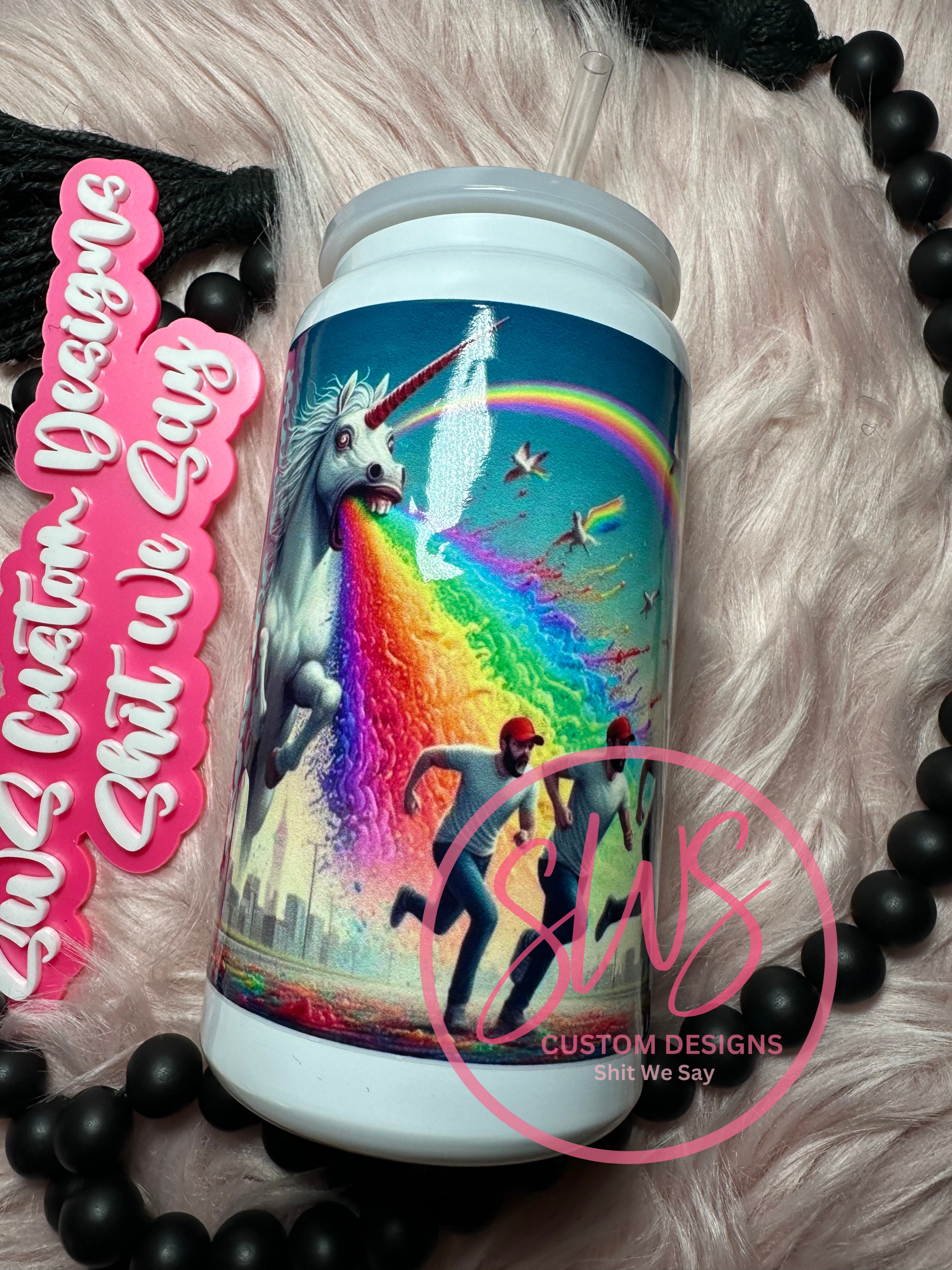 16 oz White Stainless Steel Can Tumbler Unicorn Rainbow MAGA