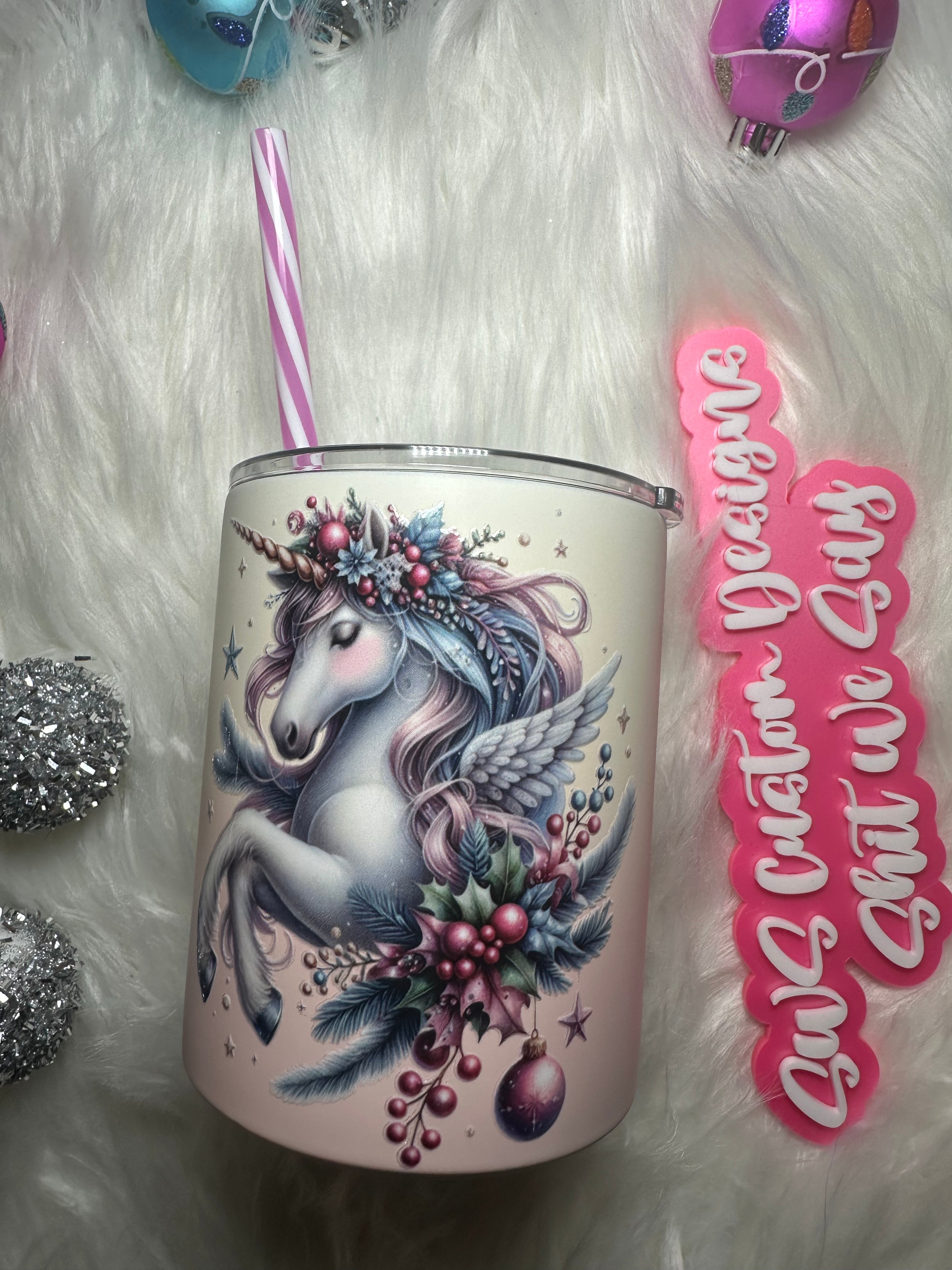 10 oz Tumbler Unicorn with Holiday Decoration Ornaments Tumbler