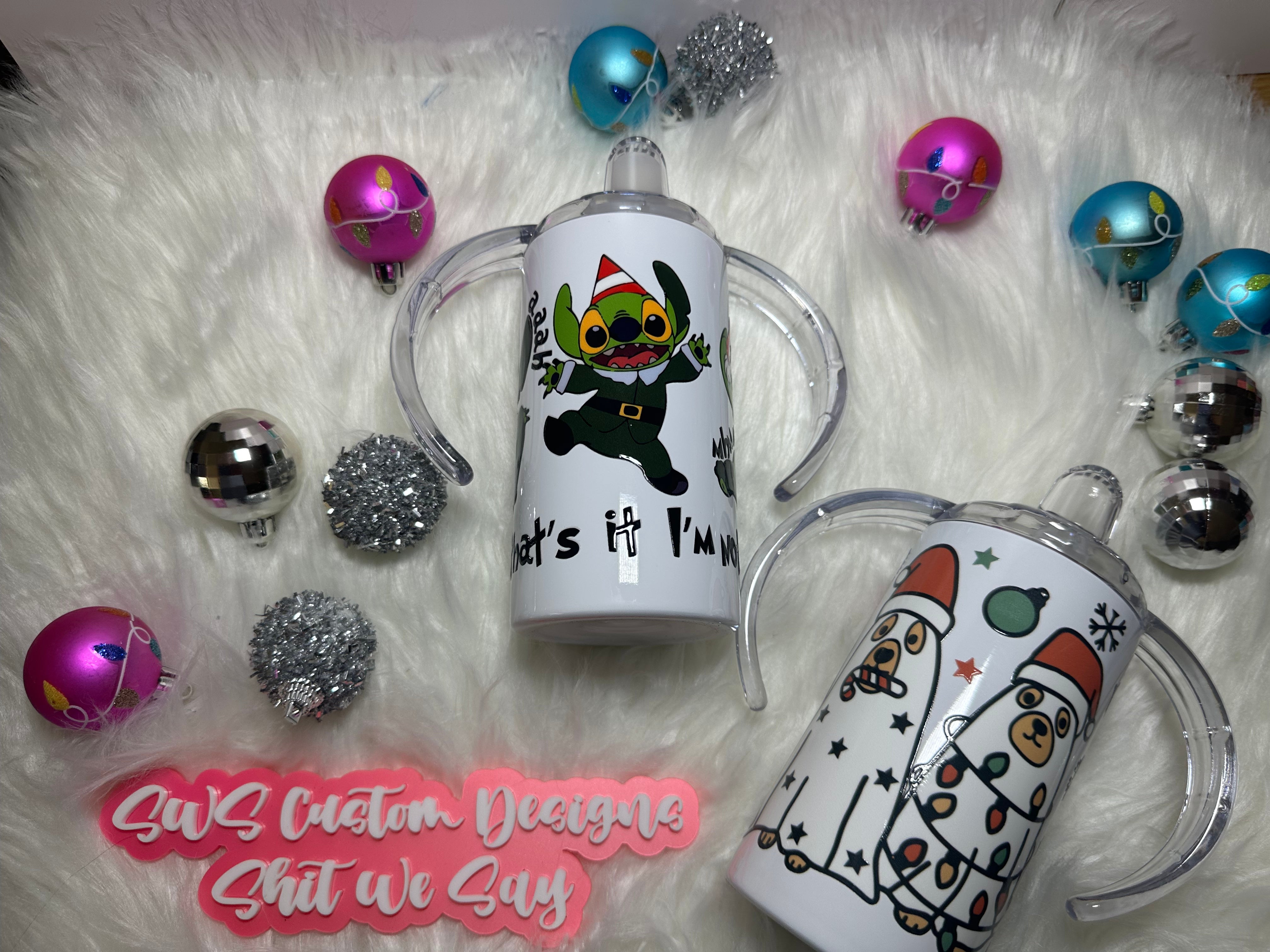 12 oz Stainless Steel Sippy Cups with two lids Green Elf Dogs Ghost Lights